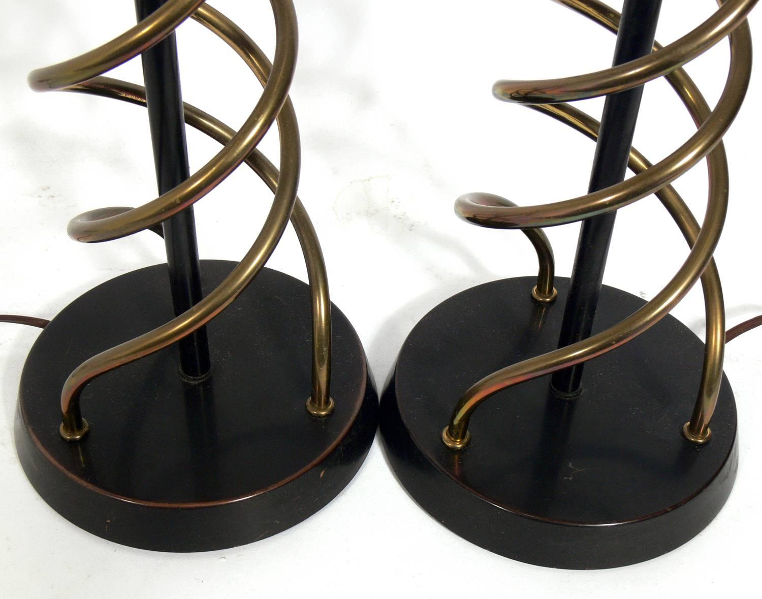 American Pair of Sculptural Brass Spiral Lamps For Sale