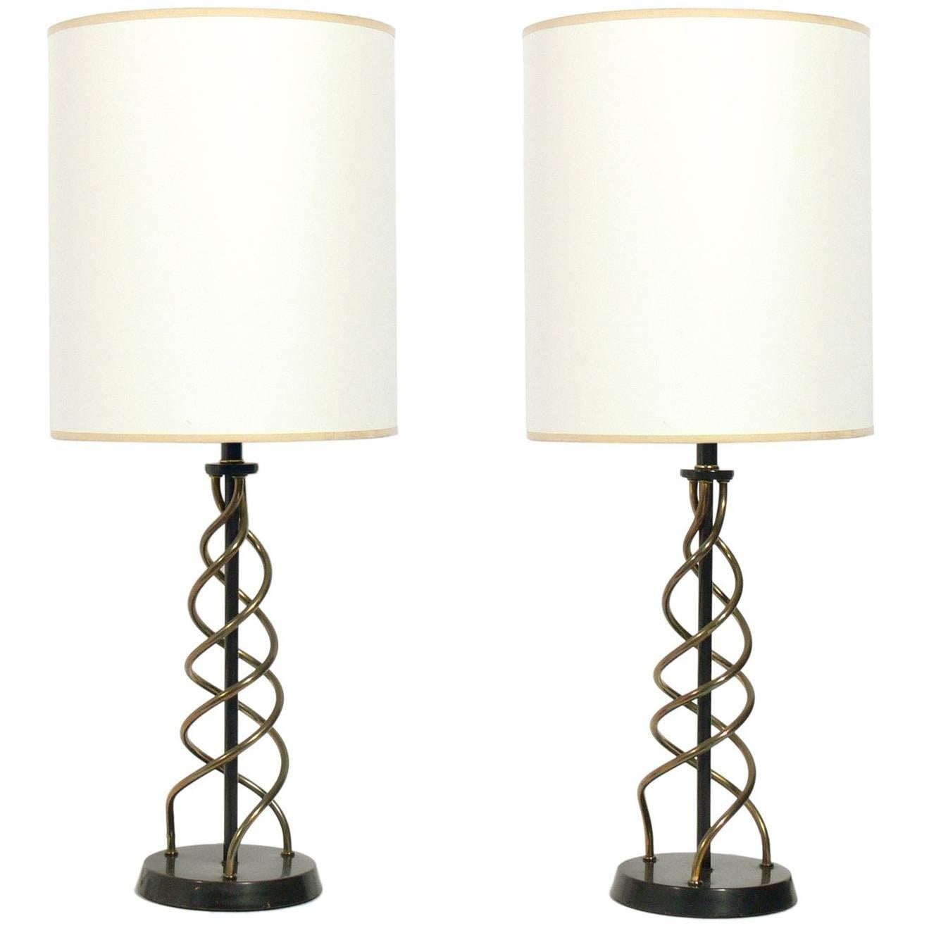 Pair of Sculptural Brass Spiral Lamps For Sale