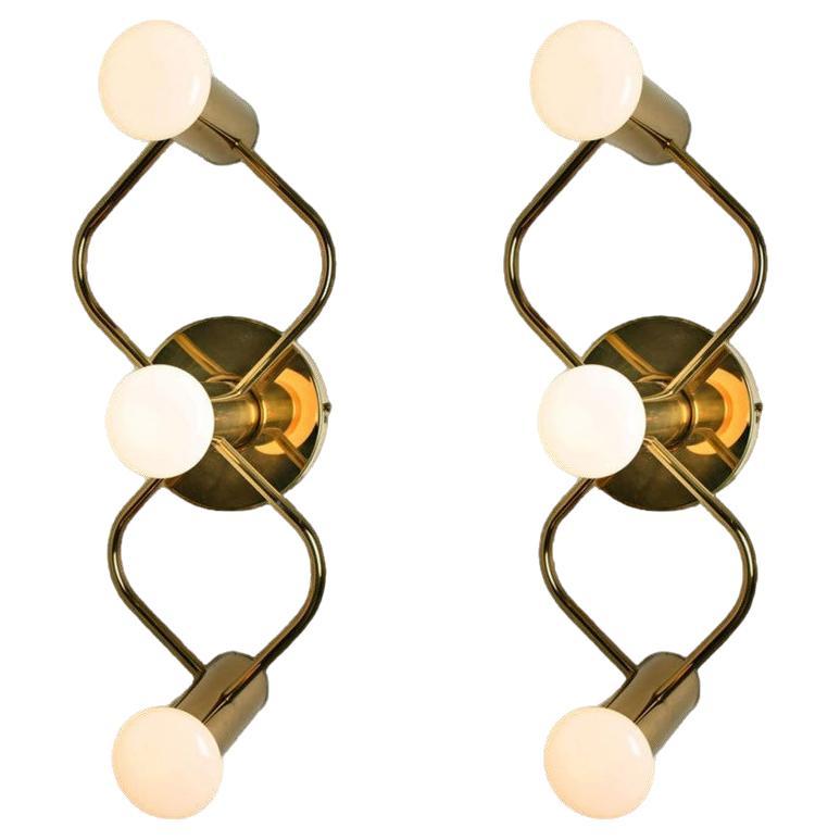 Pair of Sculptural Brass Wall Lights Flush Mounts by Leola, 1970s For Sale