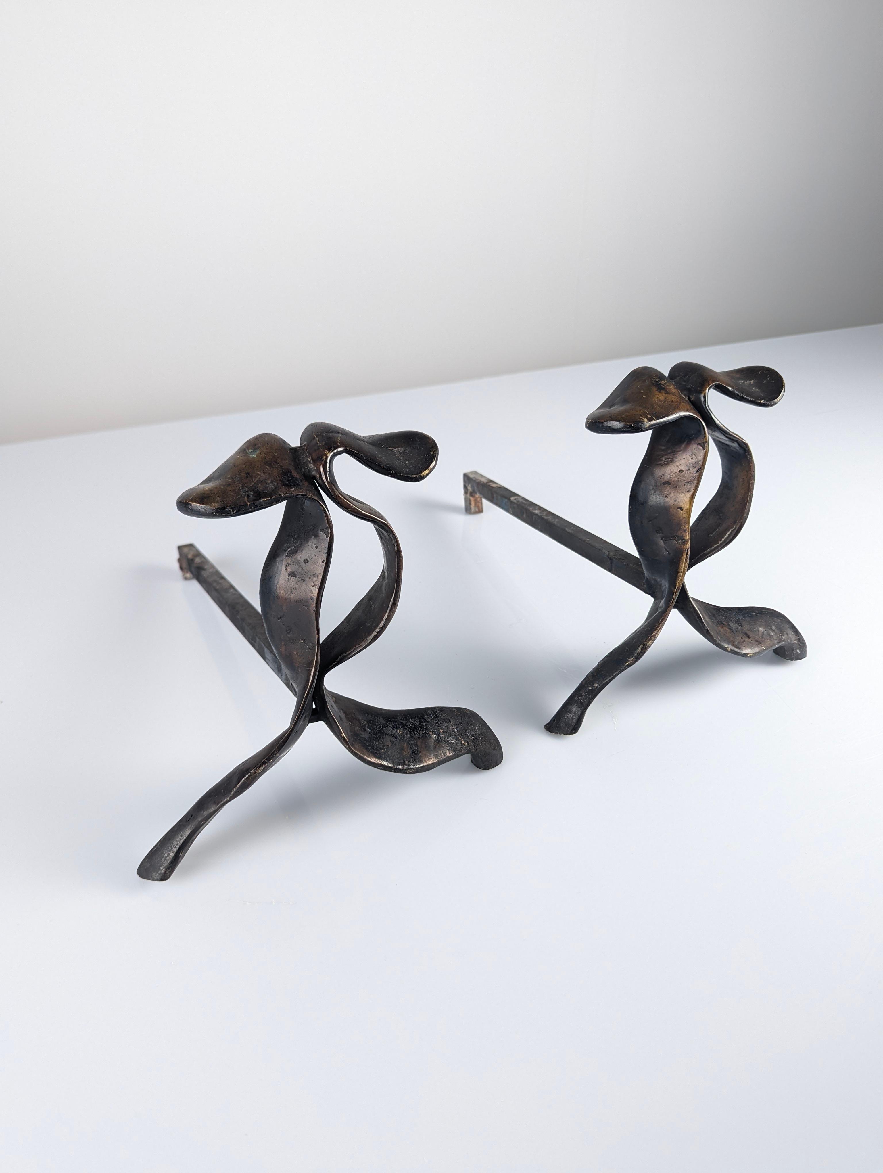 Pair of sculptural bronze andirons For Sale 1