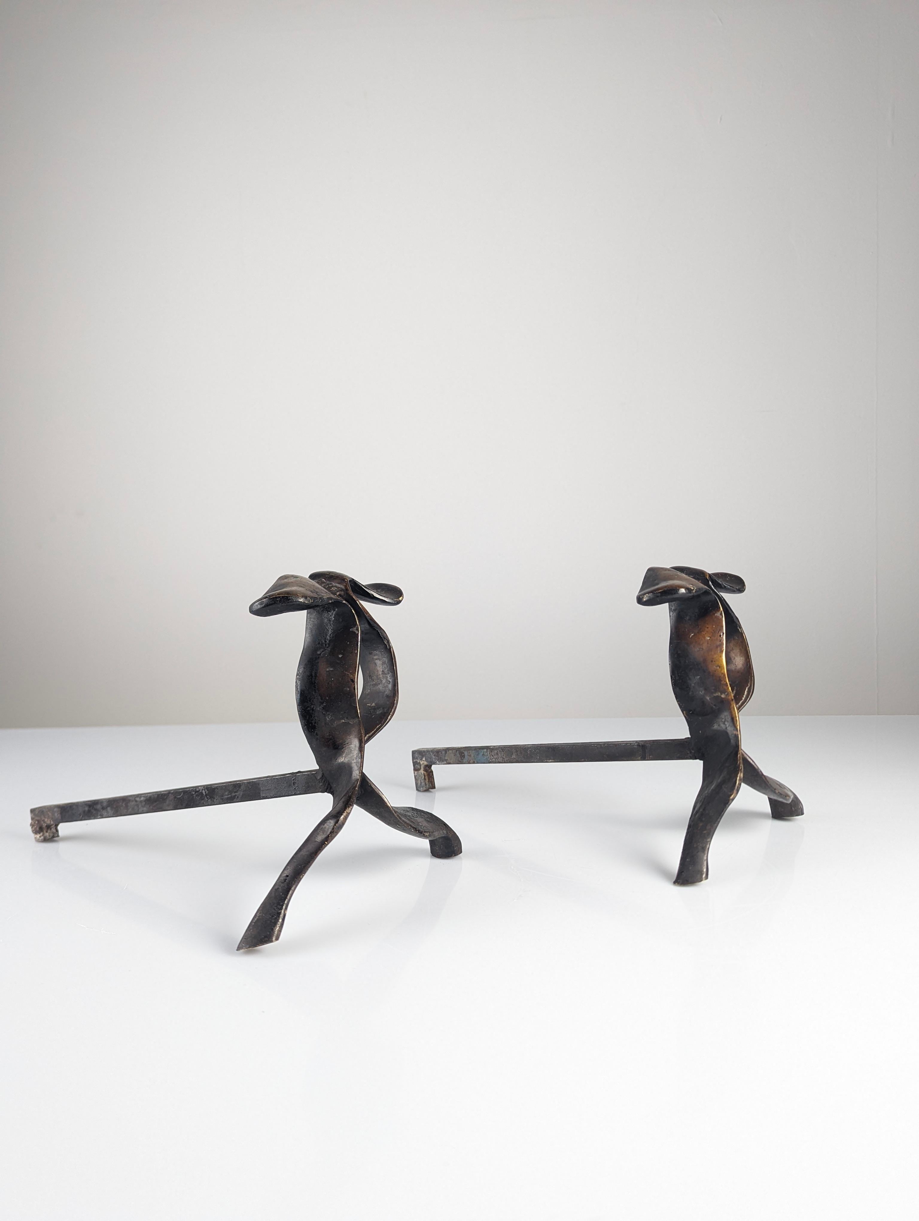 Pair of sculptural bronze andirons For Sale 3