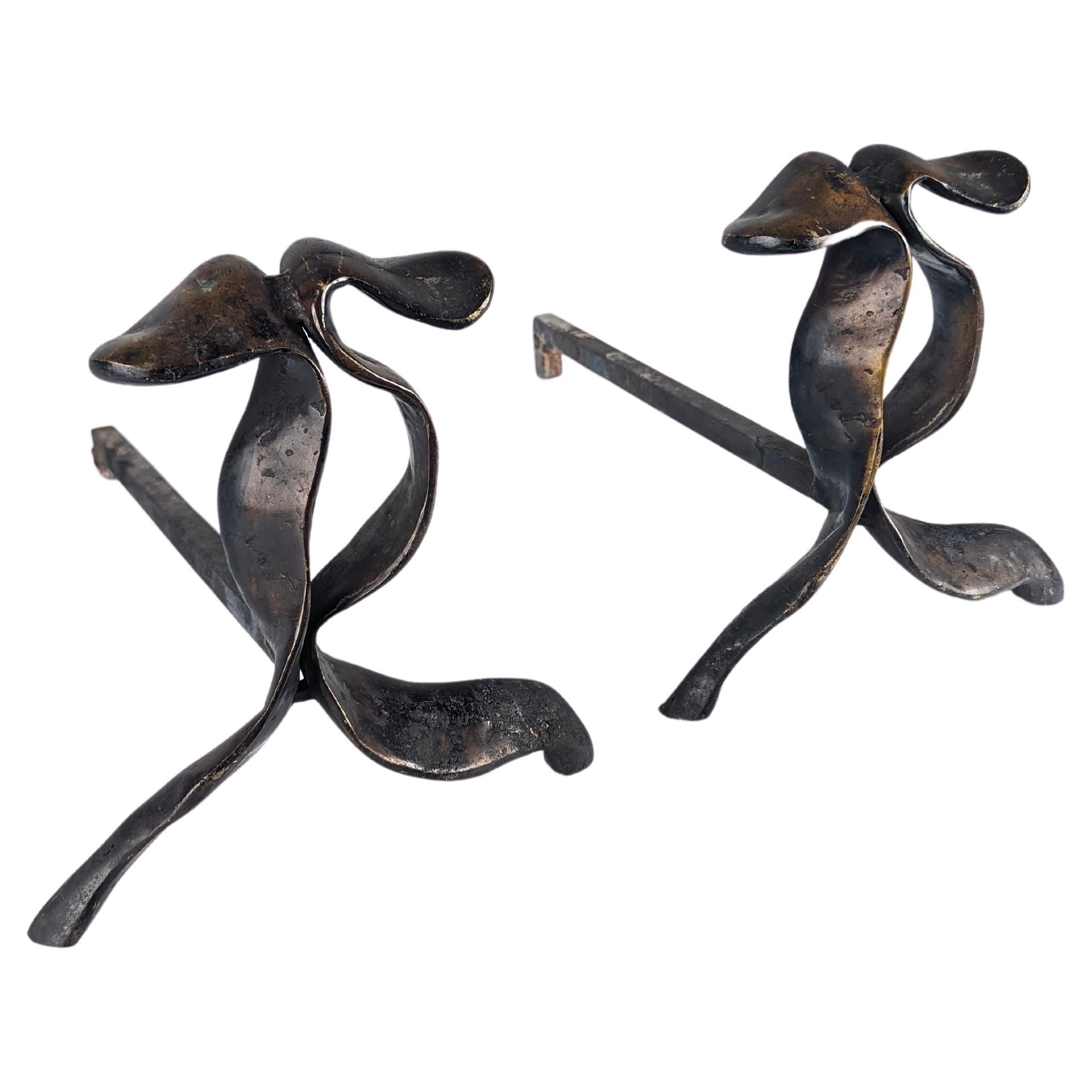 Pair of sculptural bronze andirons For Sale