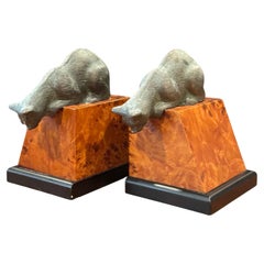 Pair of Sculptural Bronze Cat Bookends on Burl Wood Bases, Postmodern / Organic