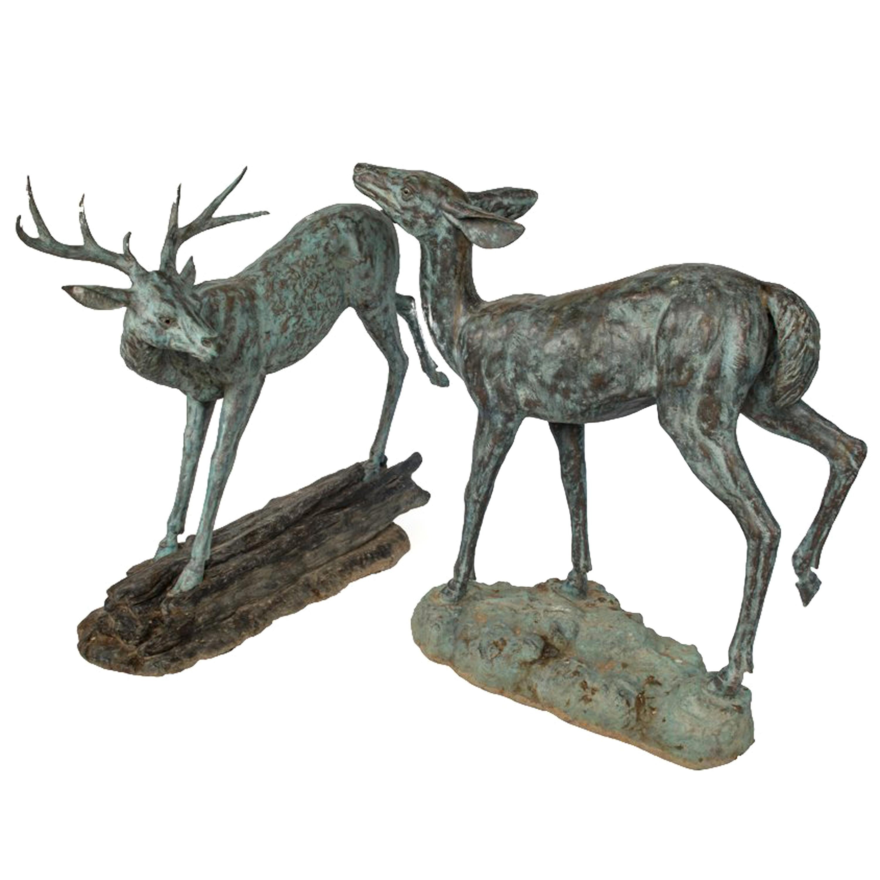 Pair of Sculptural Bronze Deer