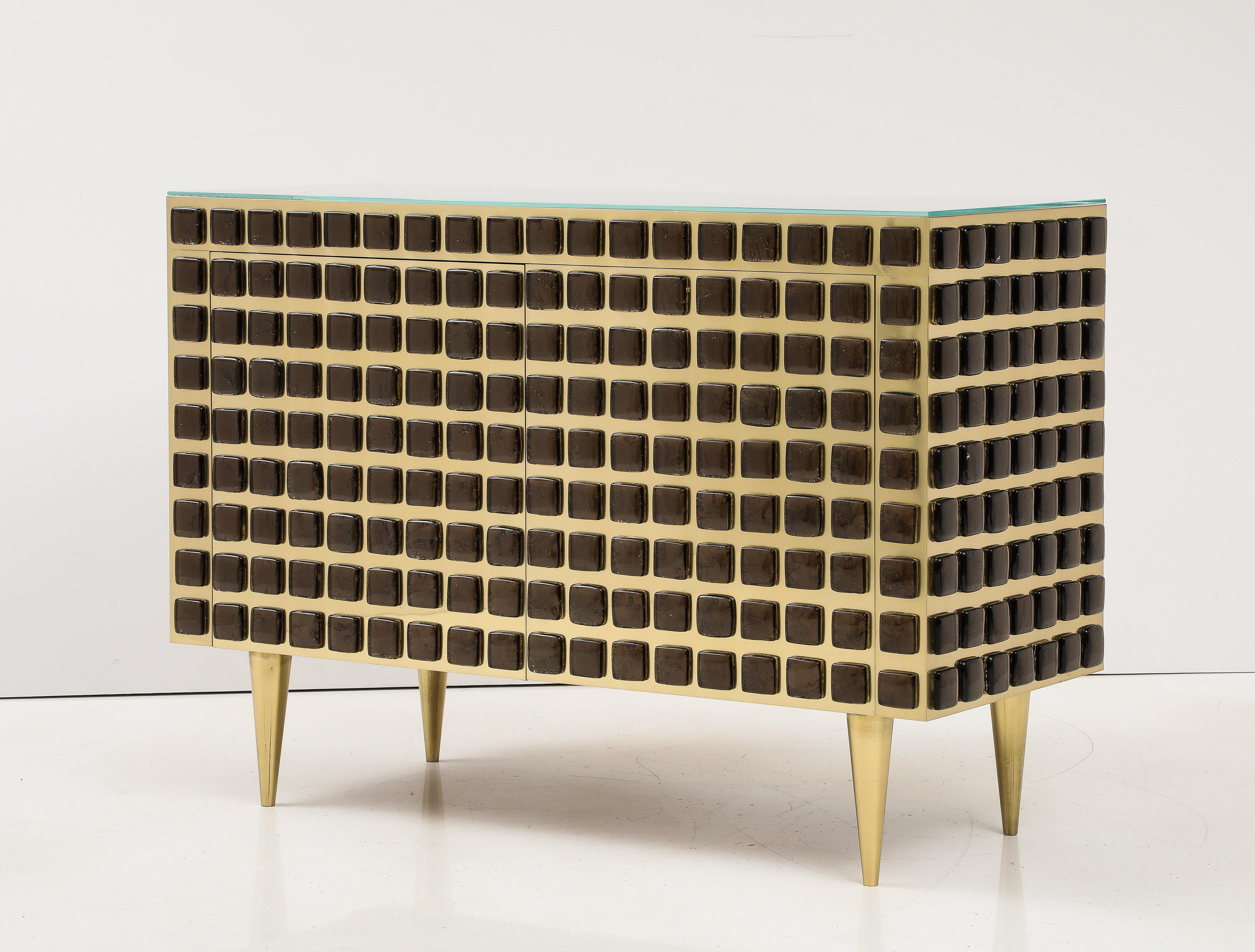 Pair of Sculptural Bronze Murano Glass and Brass Cabinets or Sideboards, Italy For Sale 9