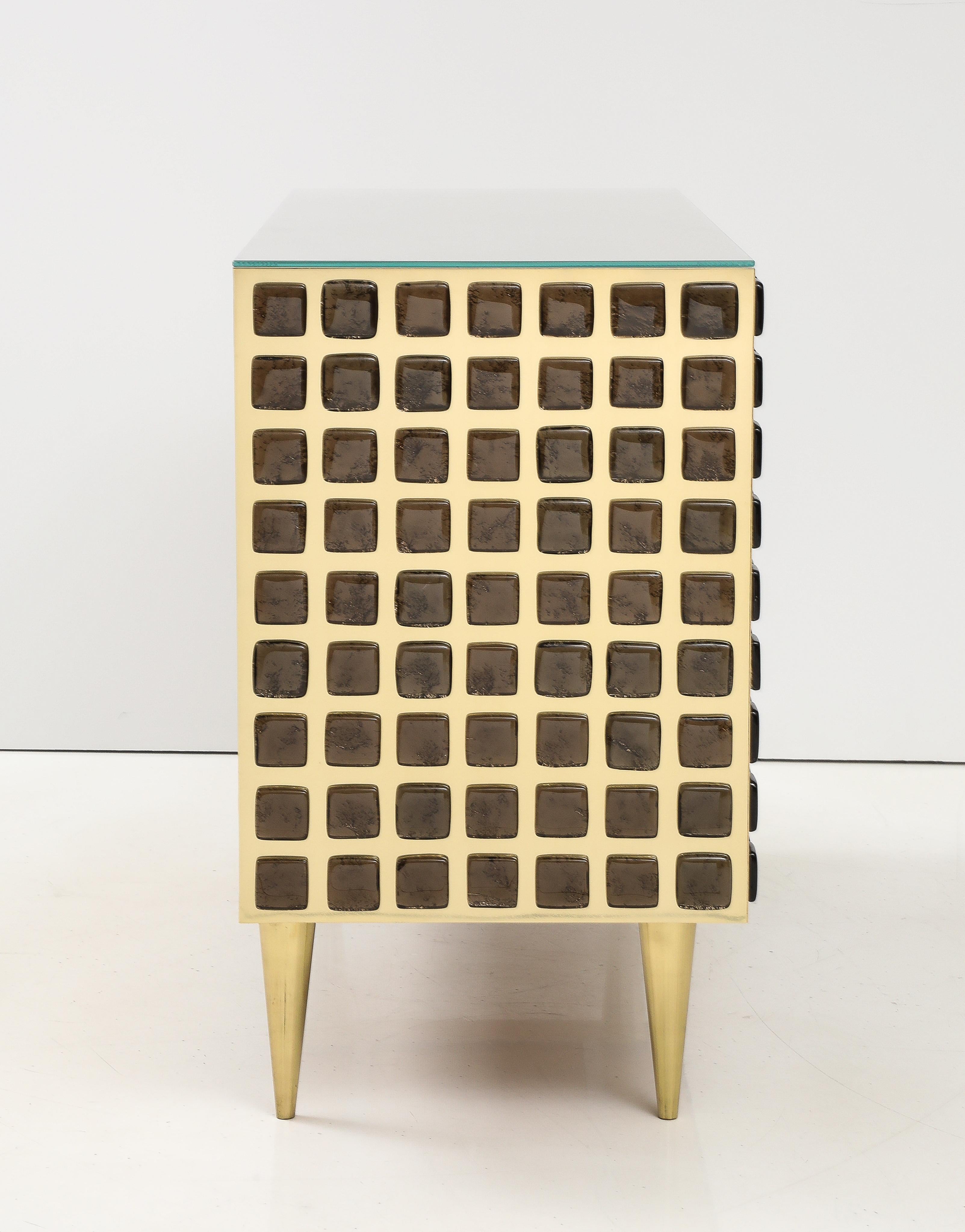 Mid-Century Modern Pair of Sculptural Bronze Murano Glass and Brass Cabinets or Sideboards, Italy For Sale