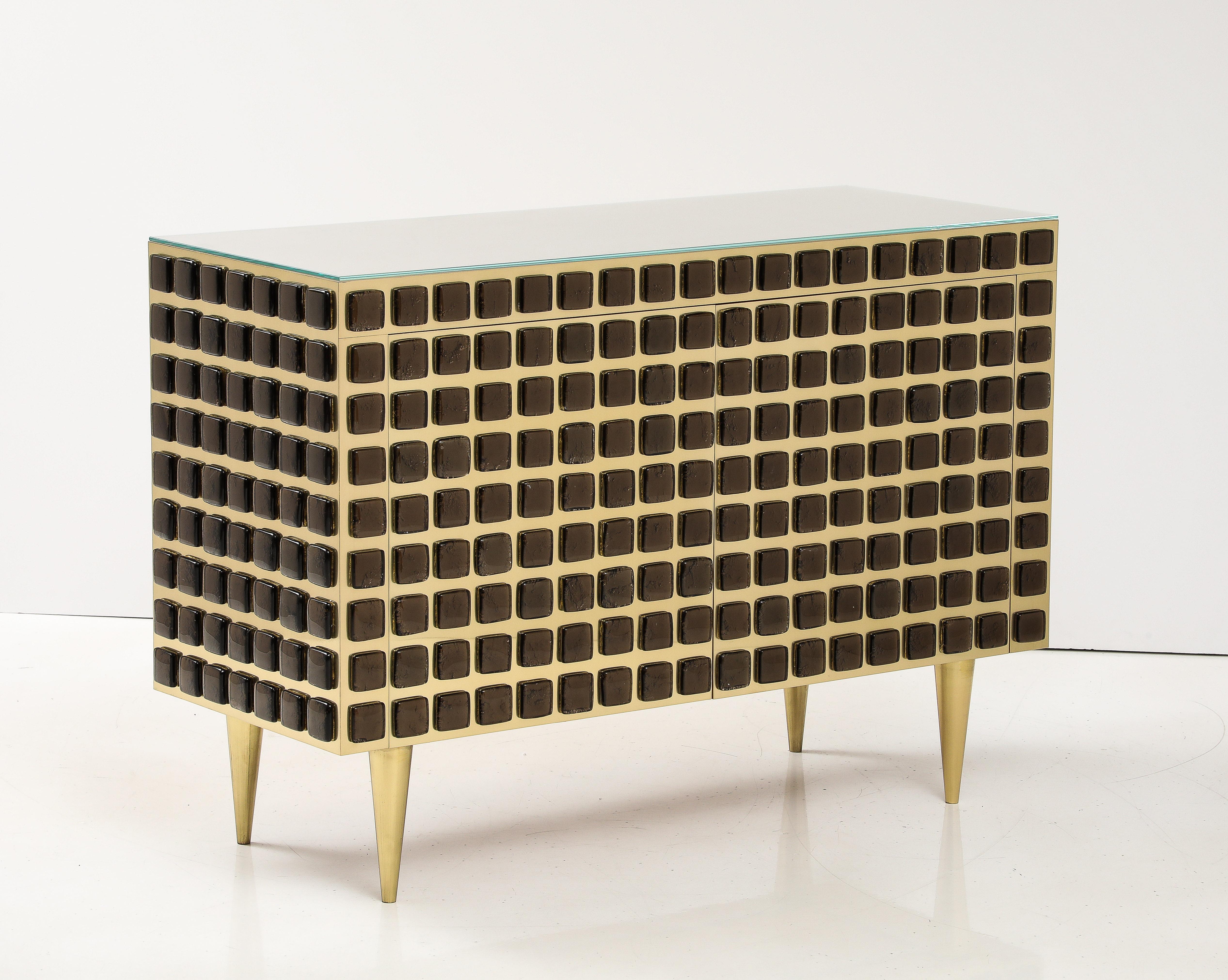 Italian Pair of Sculptural Bronze Murano Glass and Brass Cabinets or Sideboards, Italy For Sale