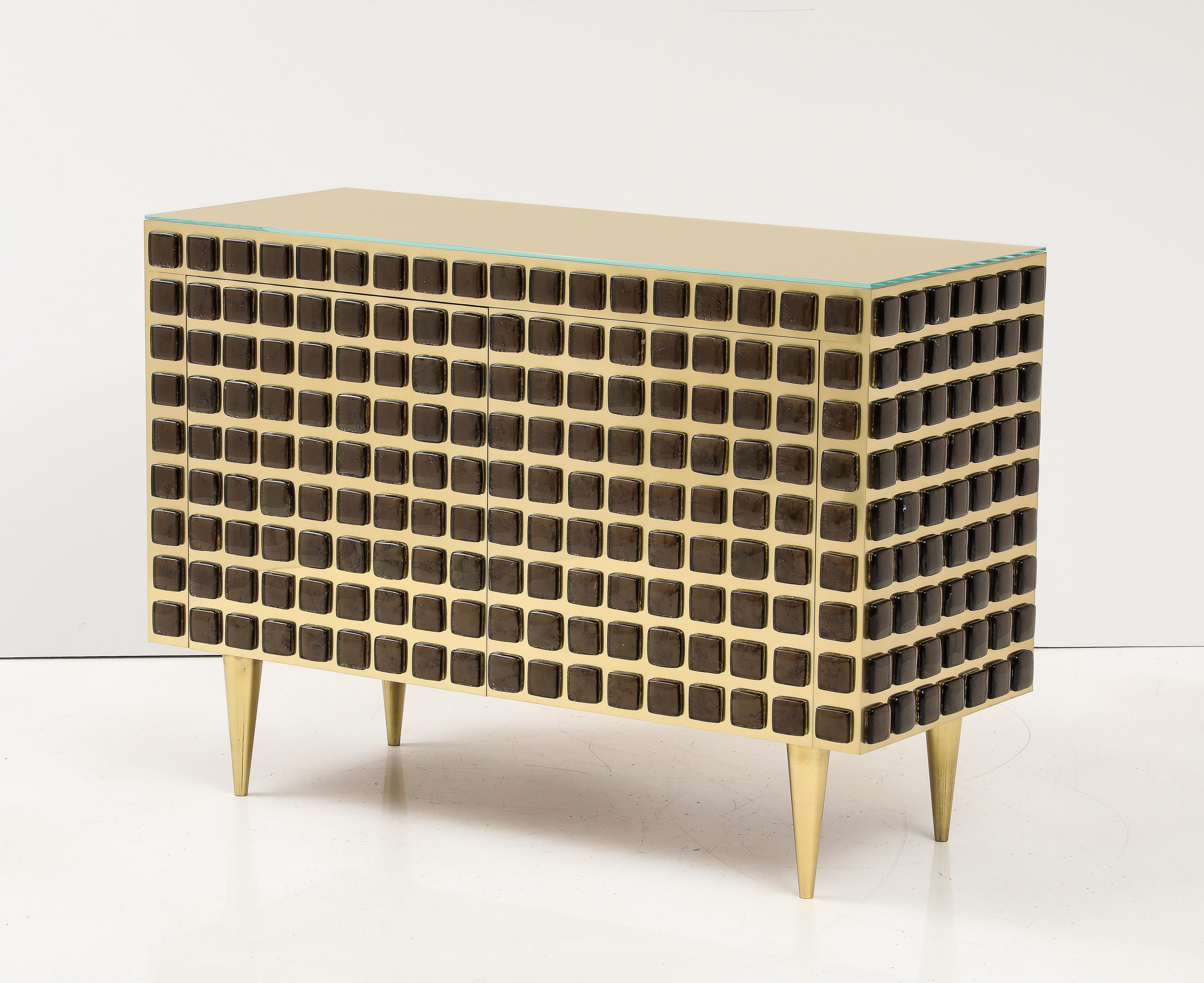 Hand-Crafted Pair of Sculptural Bronze Murano Glass and Brass Cabinets or Sideboards, Italy For Sale