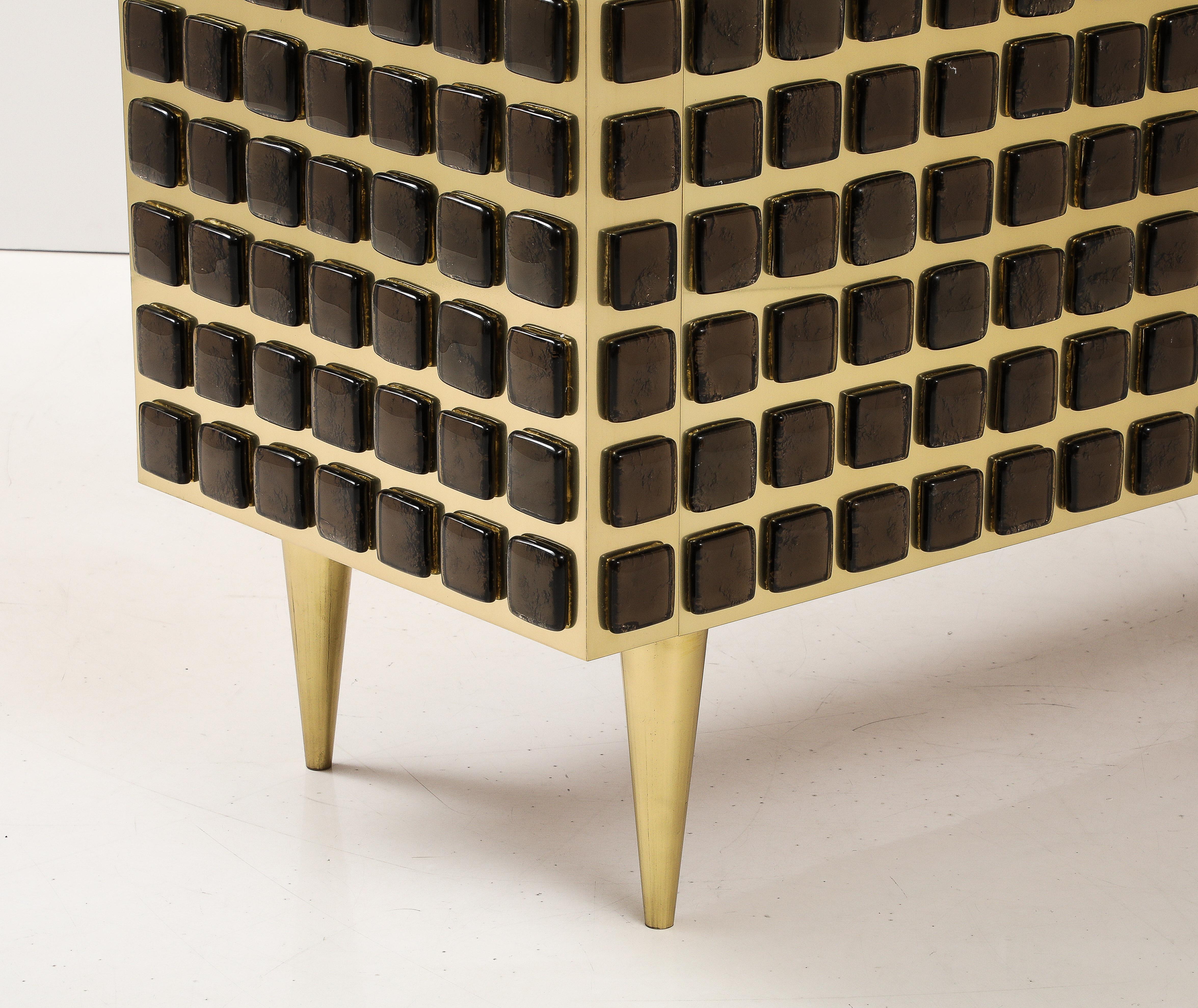 Pair of Sculptural Bronze Murano Glass and Brass Cabinets or Sideboards, Italy For Sale 1