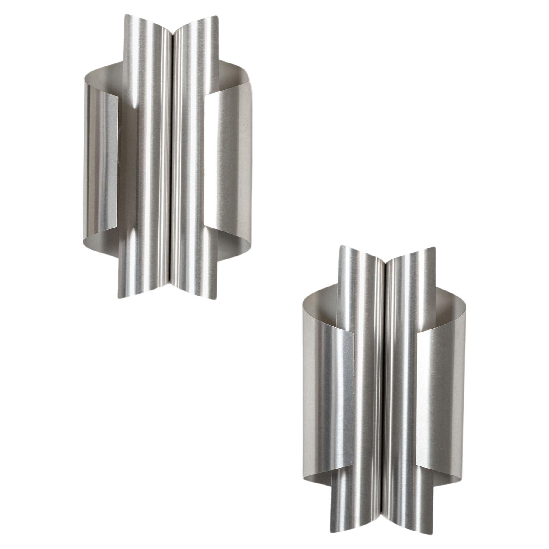 Pair of Sculptural Brushed Aluminium Wall Lights, Italian, 1970s For Sale