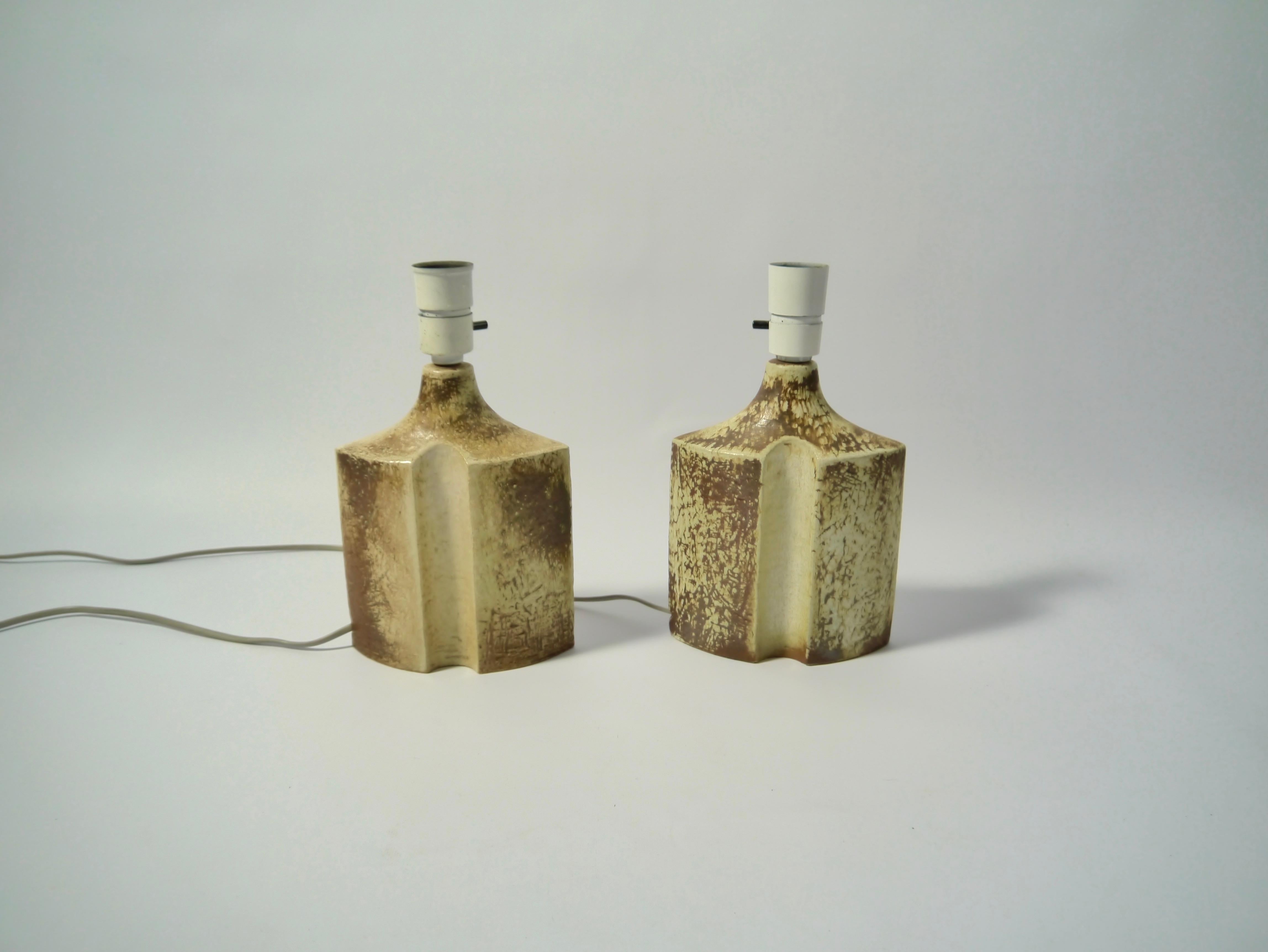 Sculptural earthy color glazed stoneware lamps designed by German Haico Nitzsche for Danish Søholm Stentøj (Bornholm, Denmark) in the 1970s. 

Marked: 