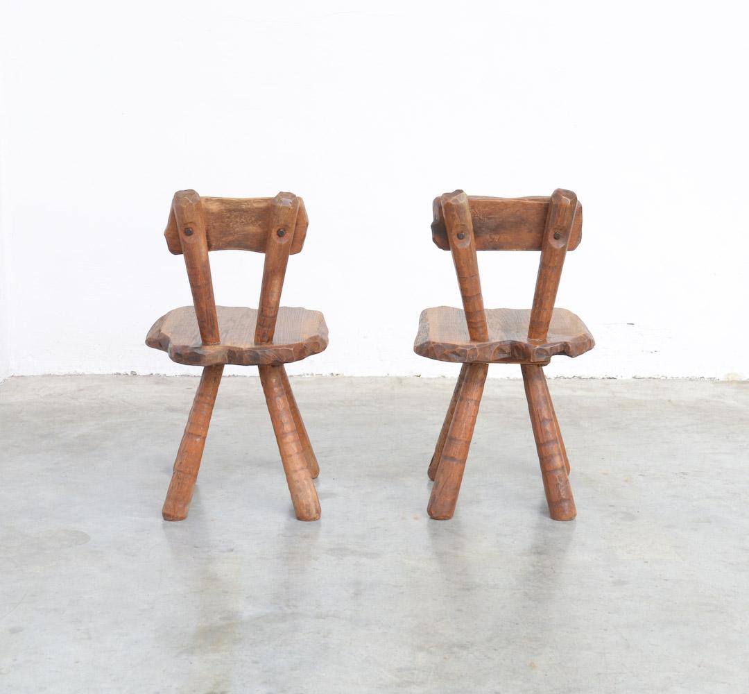 Belgian Pair of Sculptural Brutalist Oak Chairs, 1950s