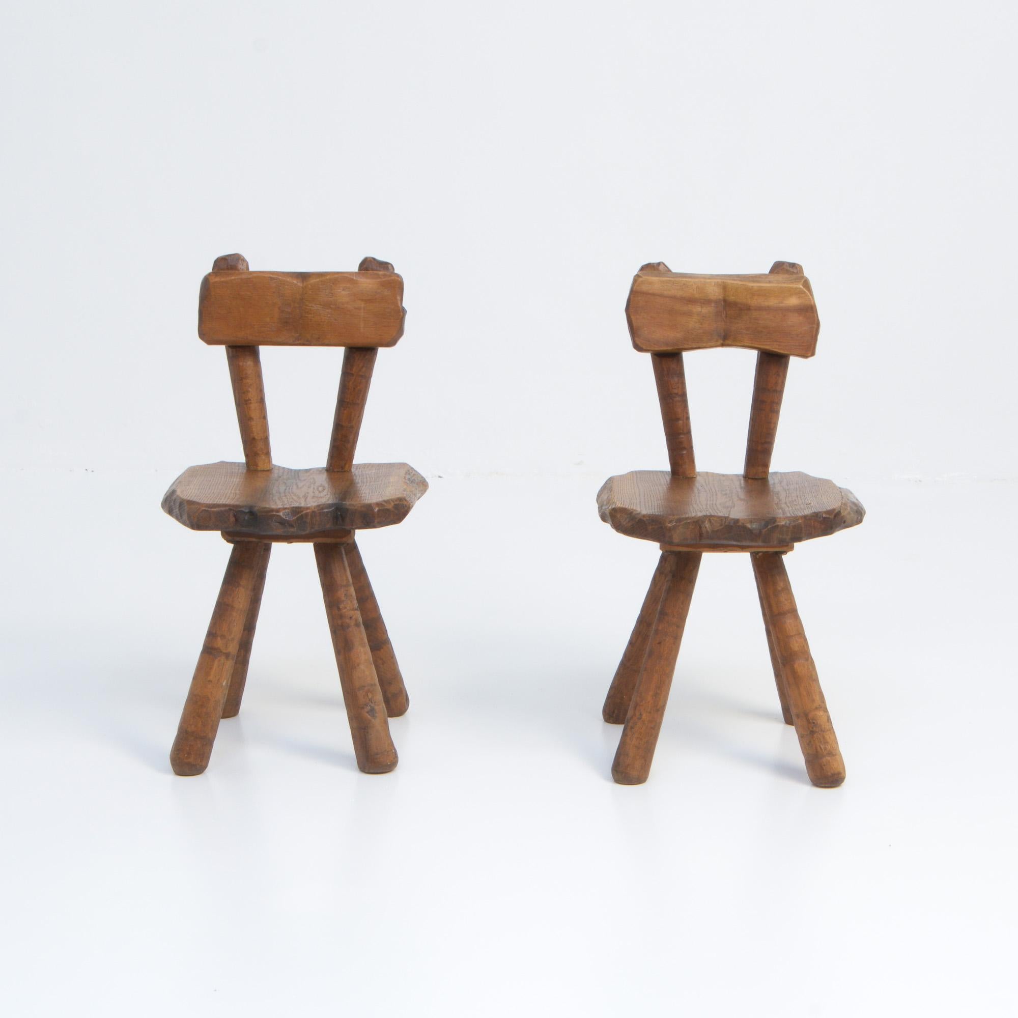 Belgian Pair of Sculptural Brutalist Oak Chairs, 1950s