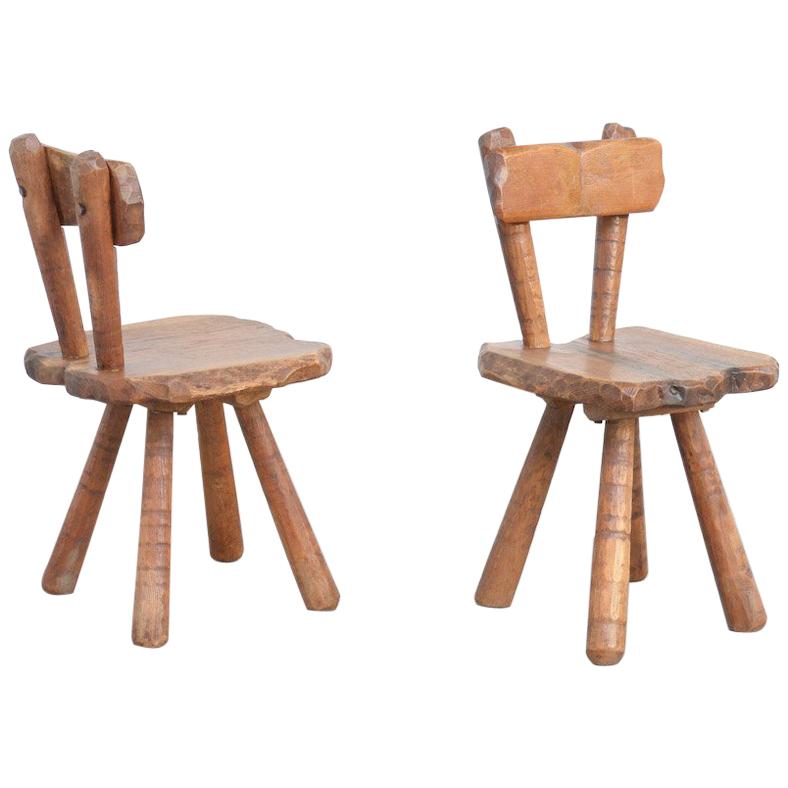Pair of Sculptural Brutalist Oak Chairs, 1950s