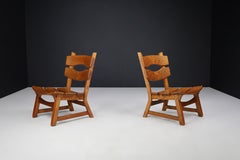 Pair of Sculptural Brutalist Oak Lounge Chairs, France, 1960s