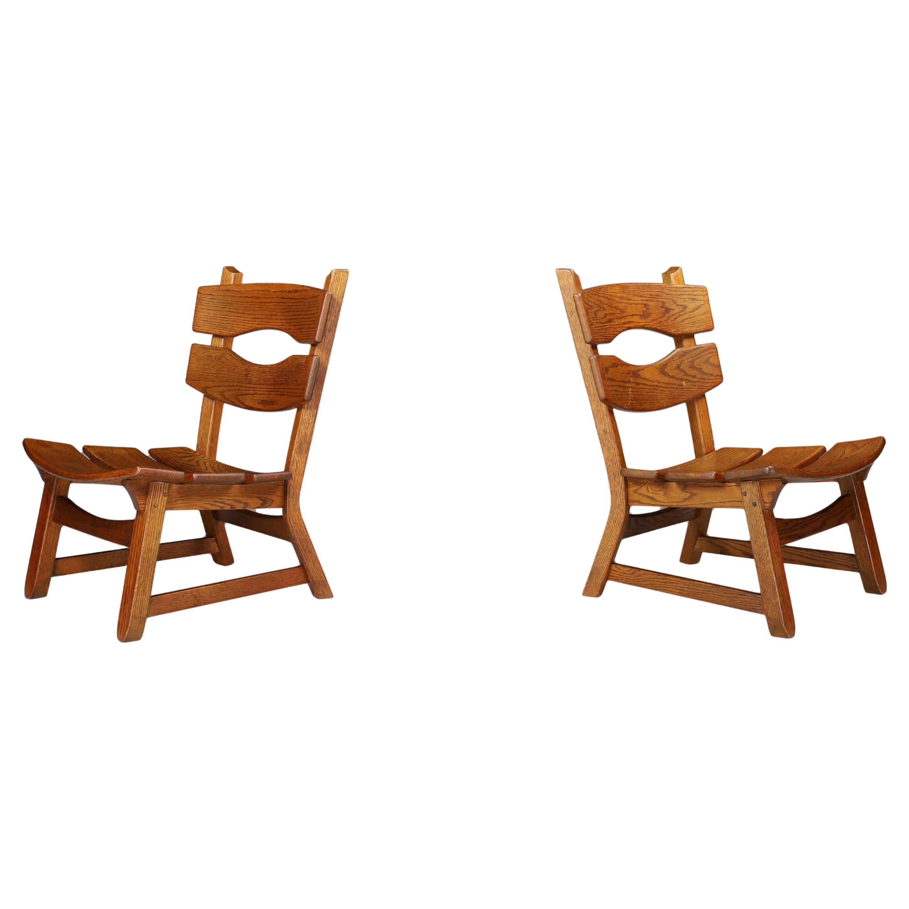 Pair of Sculptural Brutalist Oak Lounge Chairs, France, 1960s