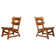 Pair of Sculptural Brutalist Oak Lounge Chairs, France, 1960s
