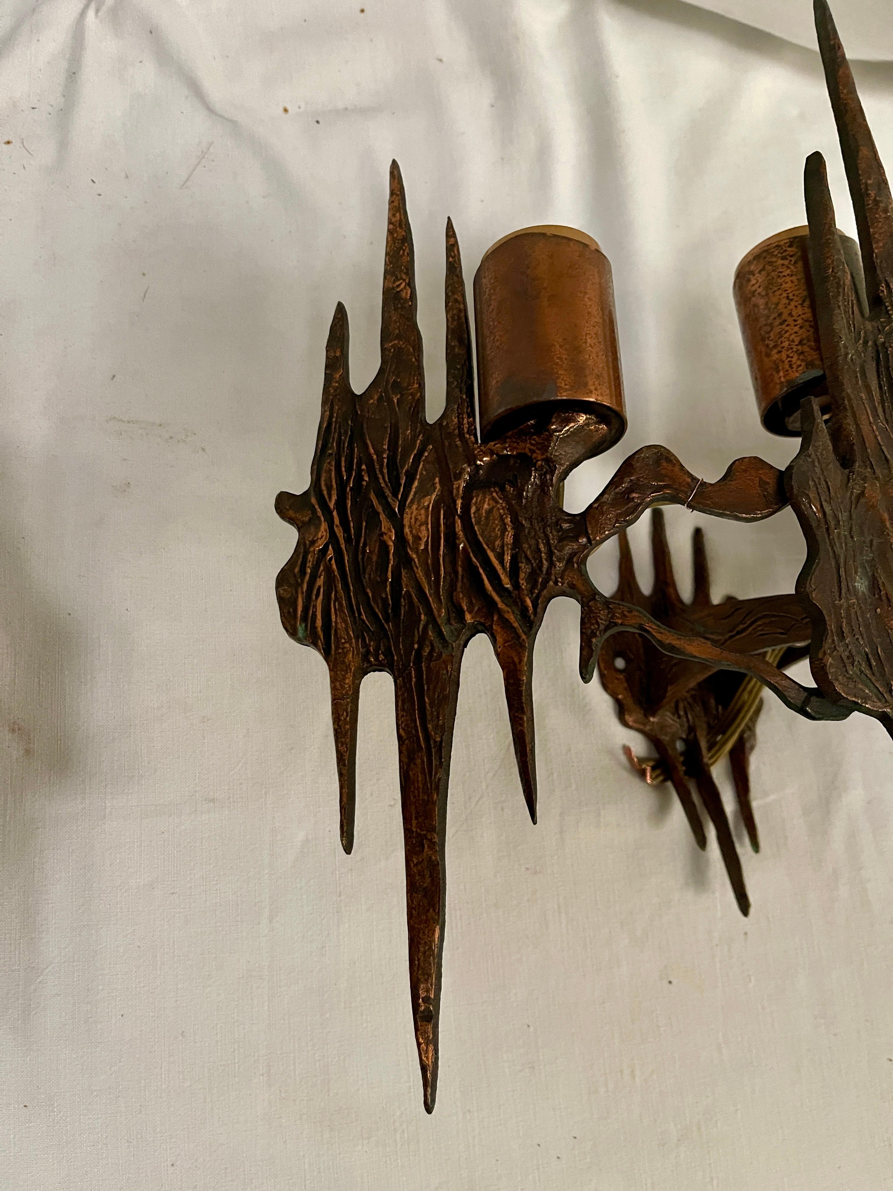 Bronze Pair of sculptural brutalist sconces For Sale