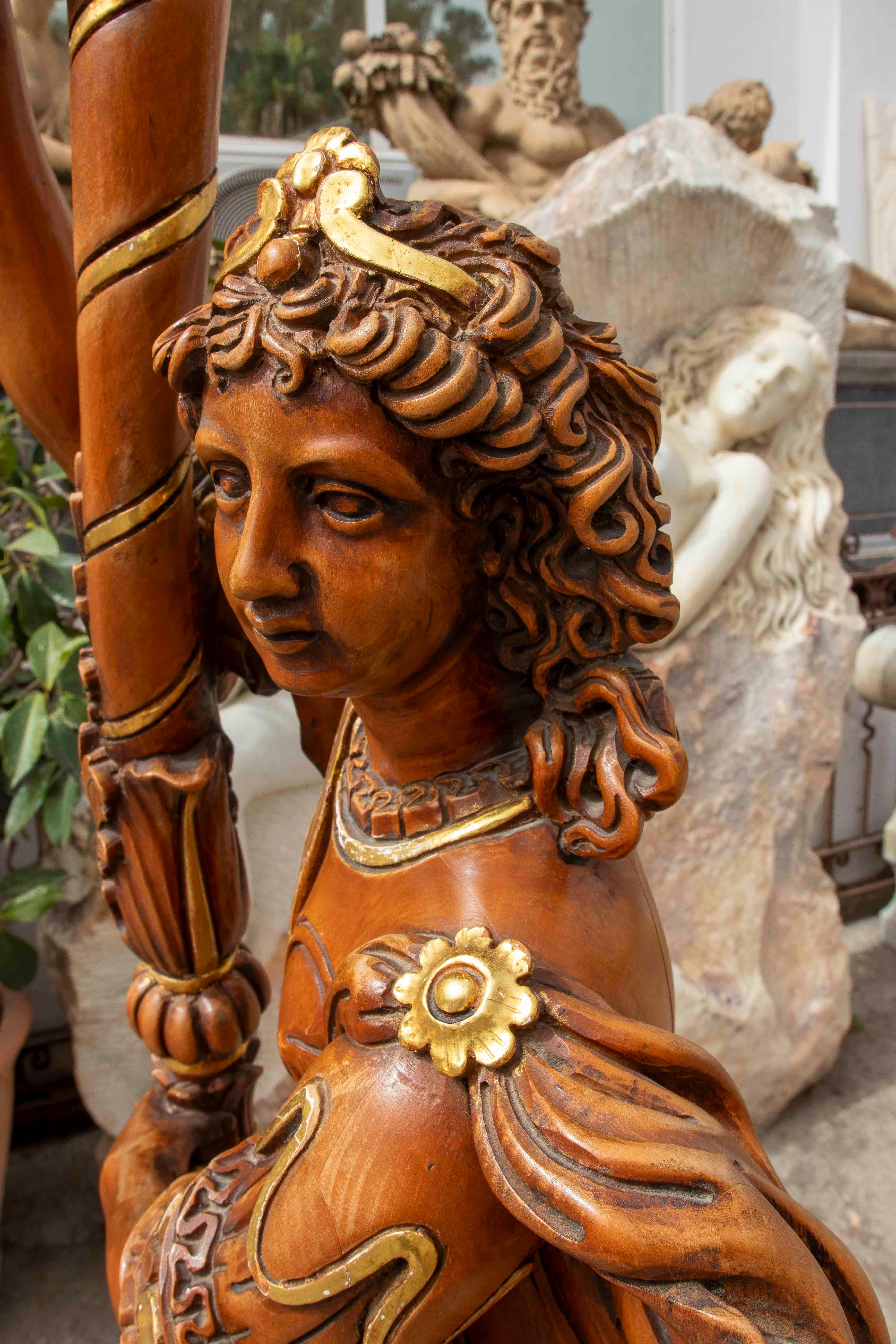 Pair of Sculptural Candlesticks in Carved Wood, Electrified in the Baroque Style For Sale 4