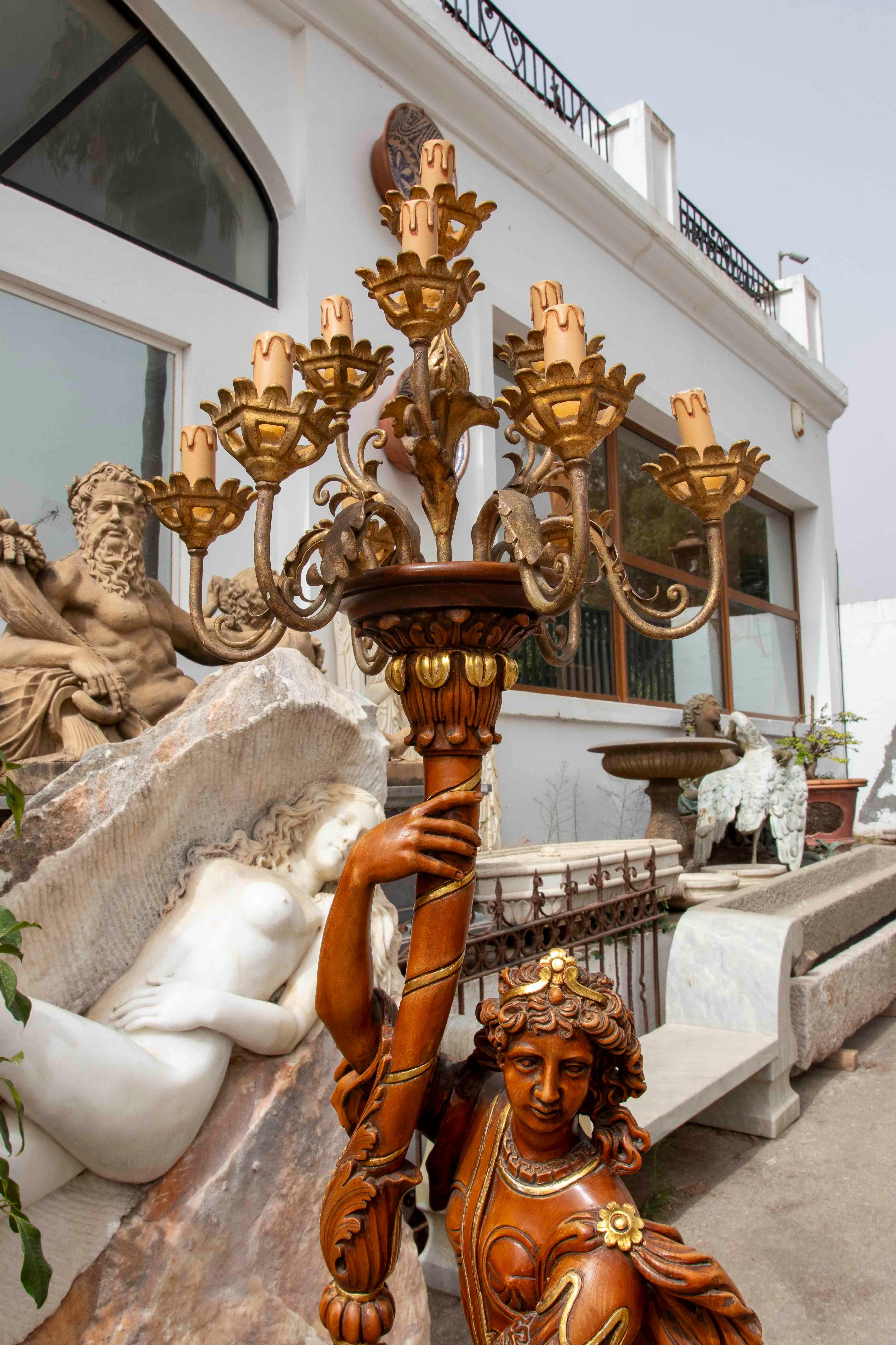 Iron Pair of Sculptural Candlesticks in Carved Wood, Electrified in the Baroque Style For Sale