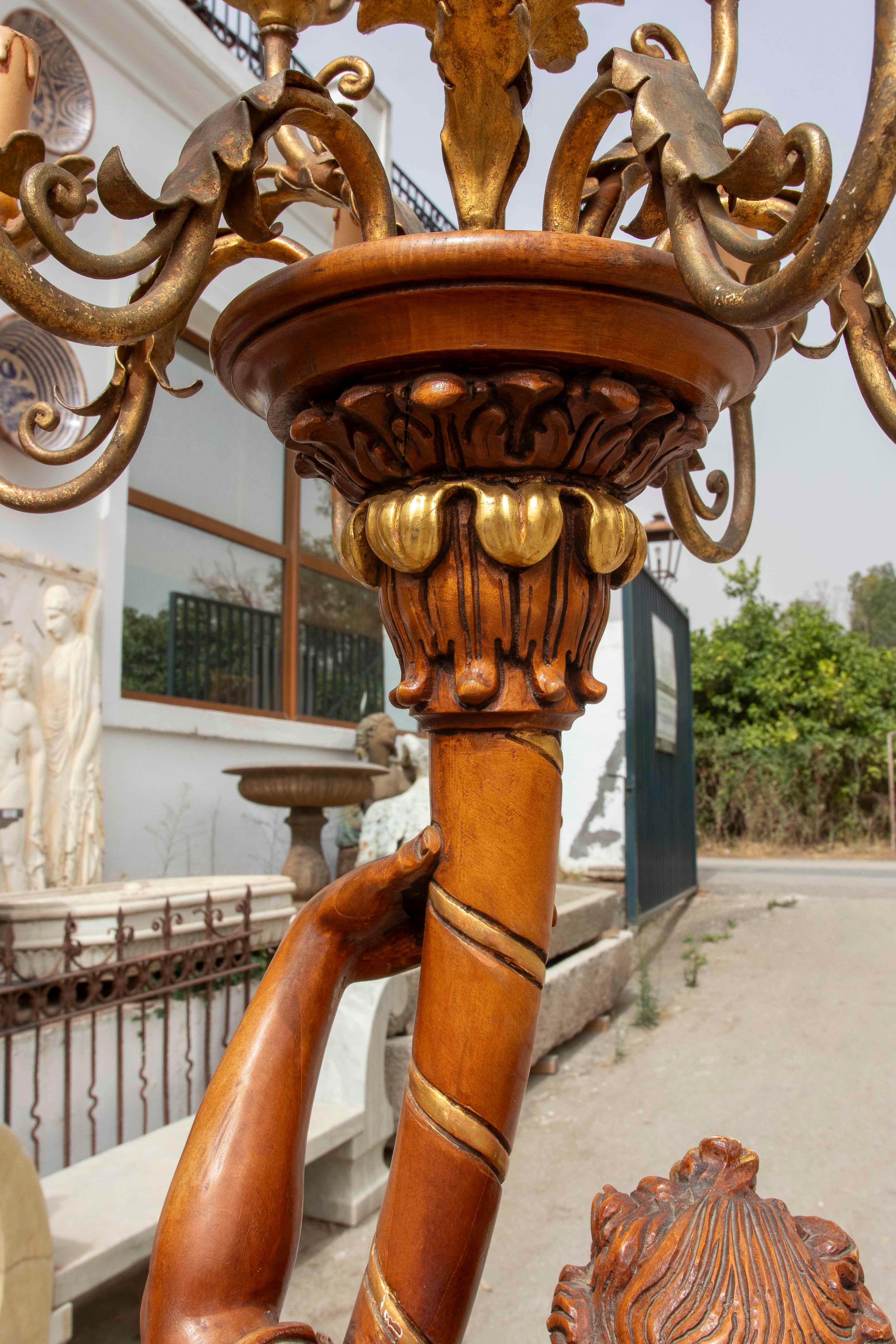 Pair of Sculptural Candlesticks in Carved Wood, Electrified in the Baroque Style For Sale 2