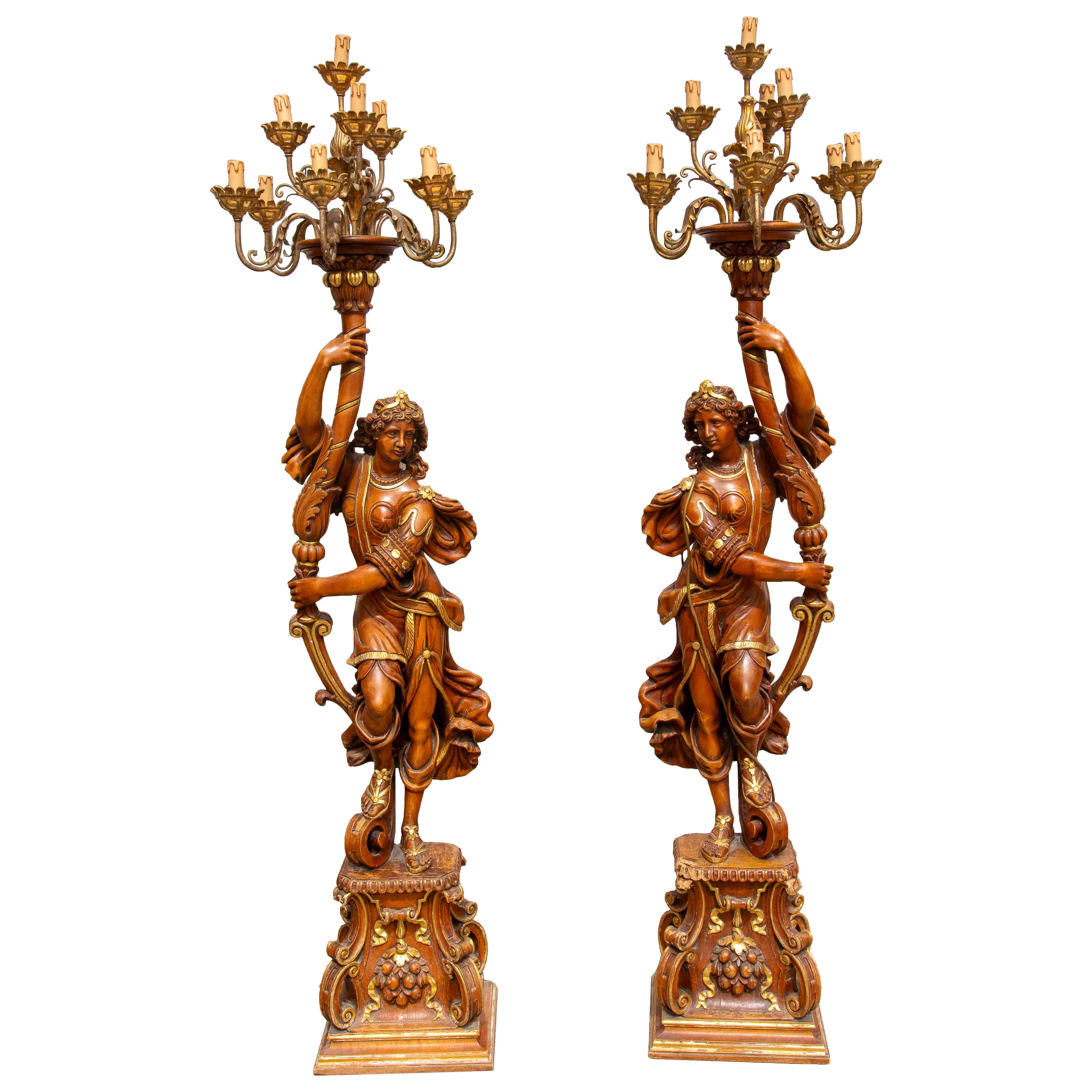 Pair of Sculptural Candlesticks in Carved Wood, Electrified in the Baroque Style