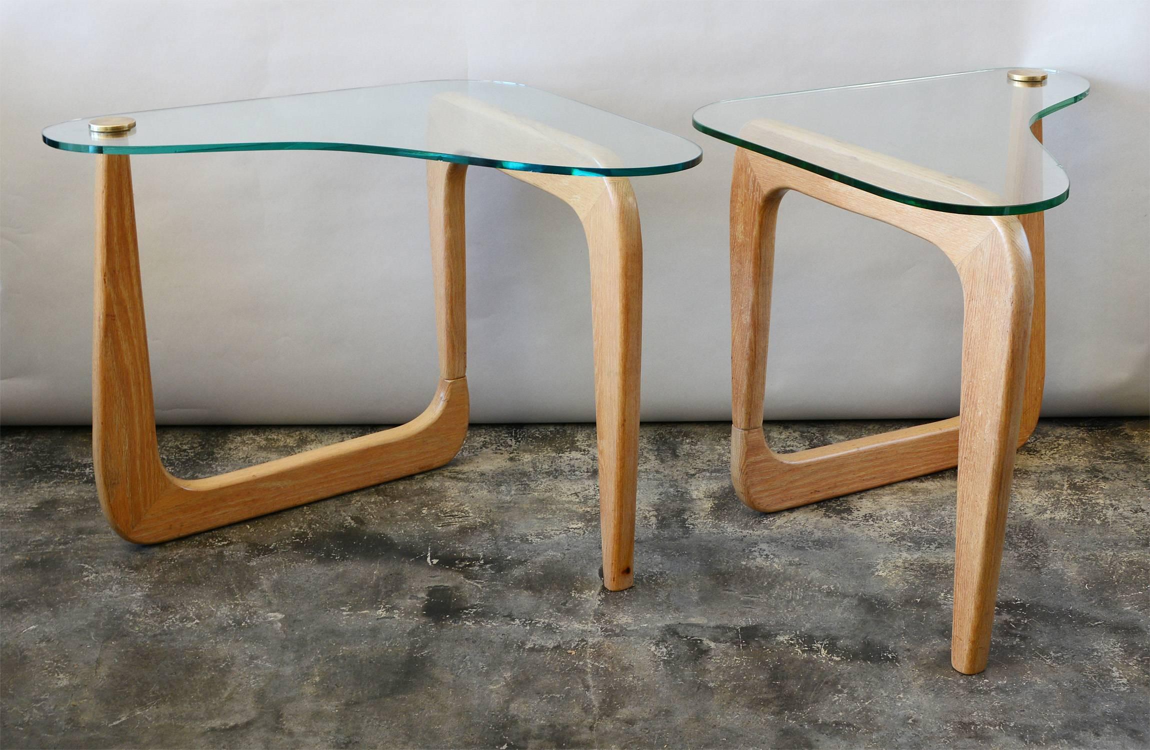 Mid-Century Modern Pair of Sculptural Cerused Oak and Glass End Tables