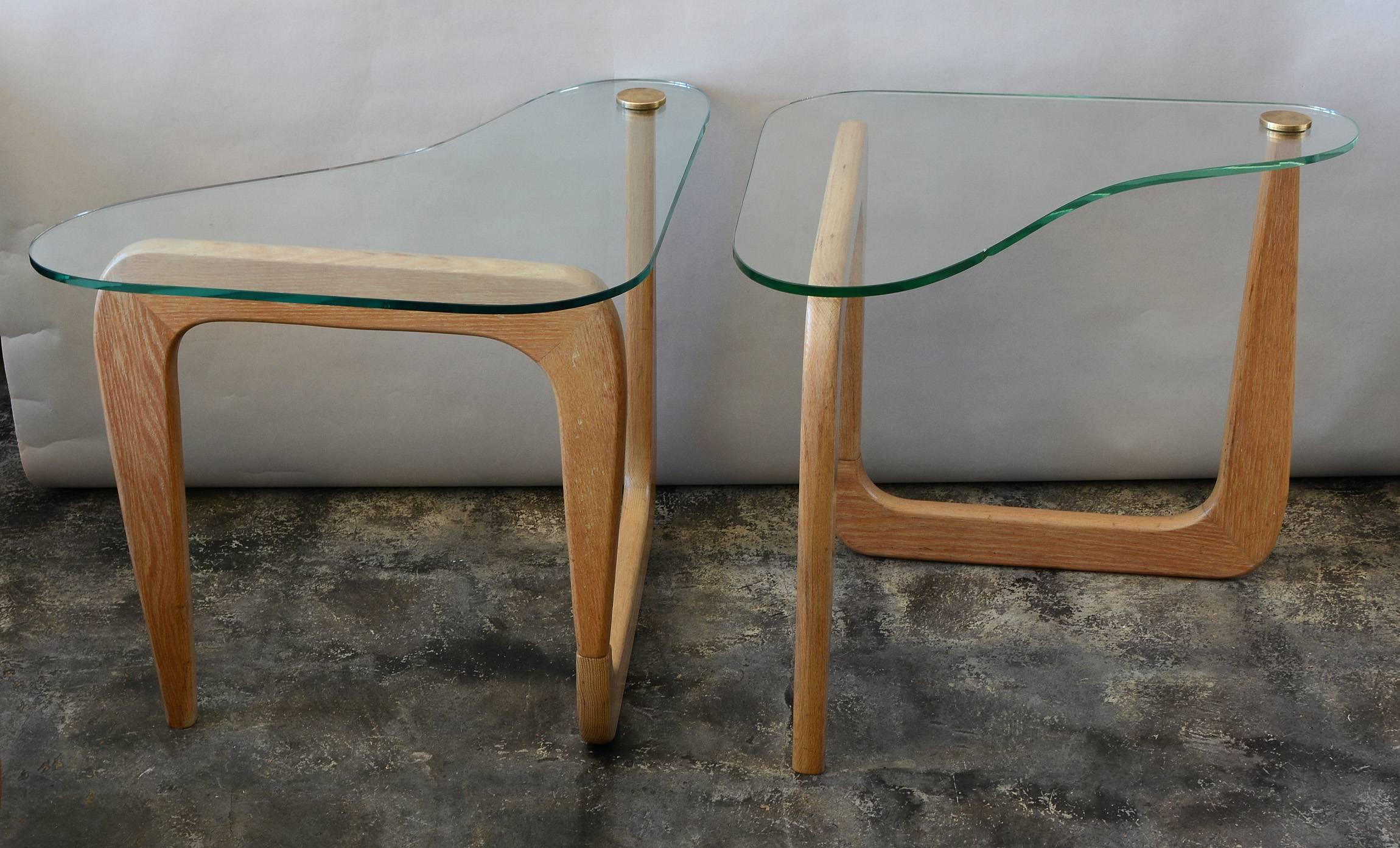 American Pair of Sculptural Cerused Oak and Glass End Tables