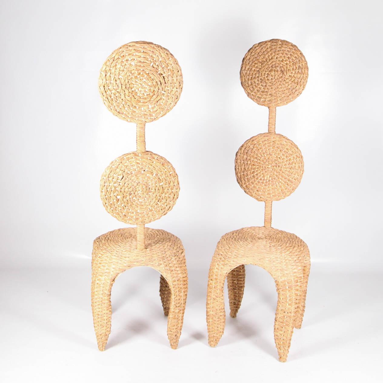 European Pair of Sculptural Chairs in Braided Natural Fiber