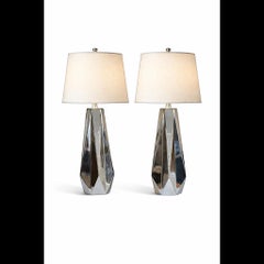 Pair of Sculptural Chrome Faceted Table Lamps with Neutral Shades