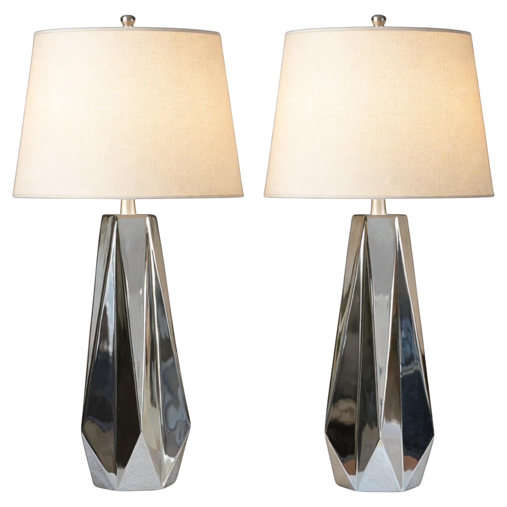 Pair of Sculptural Chrome Faceted Table Lamps with Neutral Shades