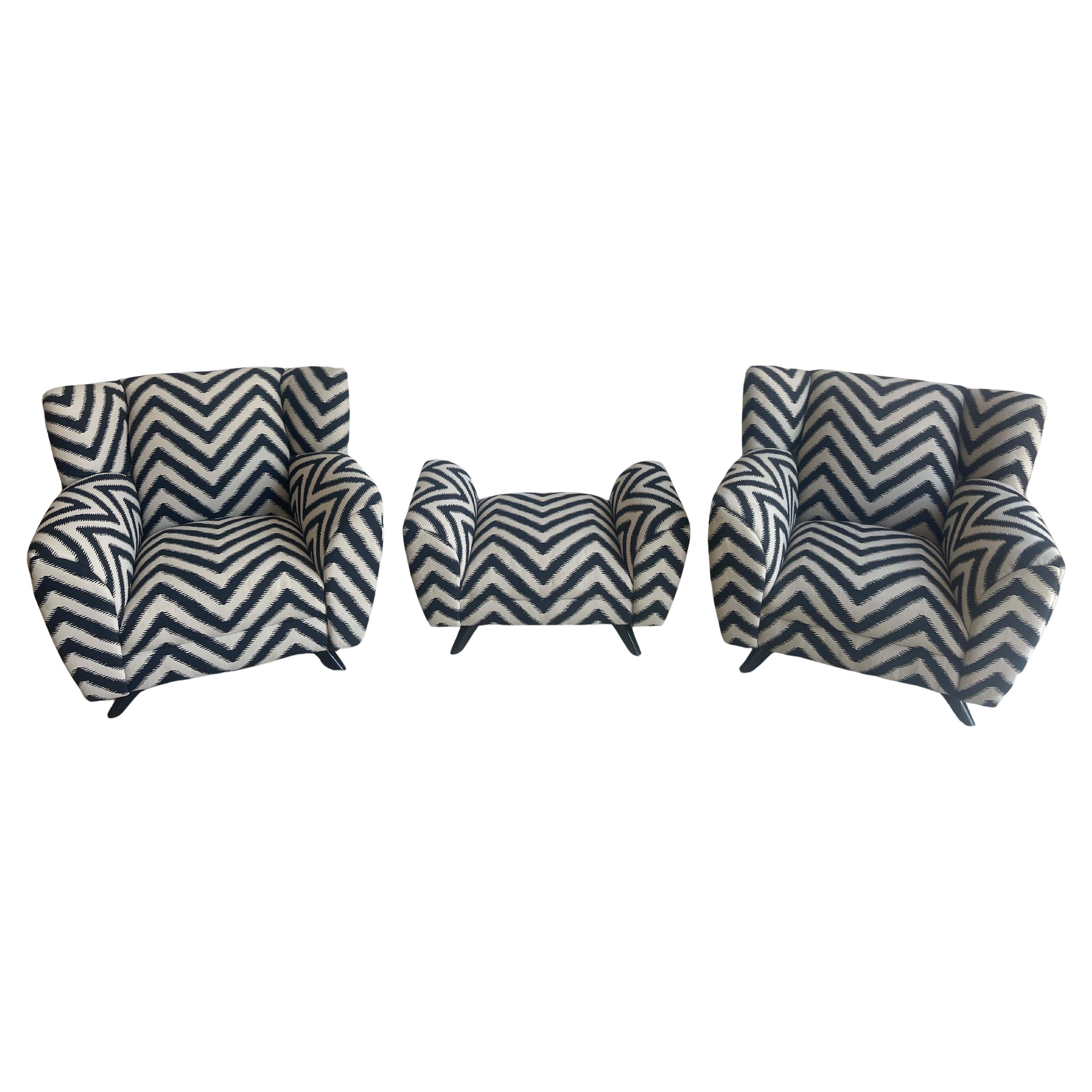 Pair of Sculptural Club Chairs with Ottoman in Chevron Pattern Rubelli Fabric