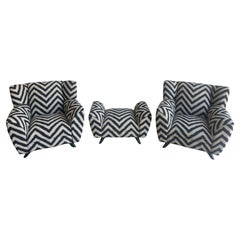 Pair of Sculptural Club Chairs with Ottoman in Chevron Pattern Rubelli Fabric