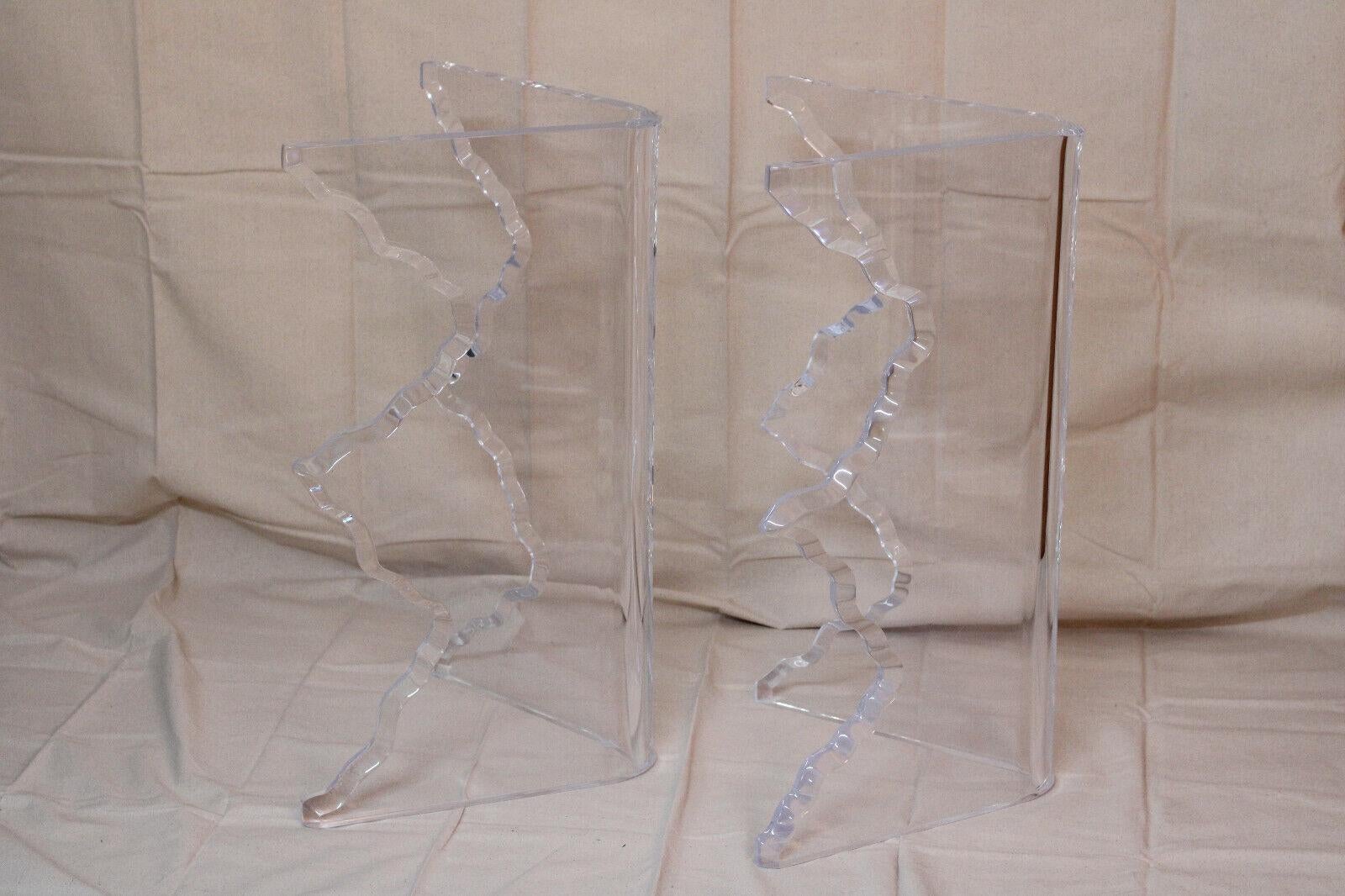 Pair of Sculptural Cracked Ice Edge Thick Molded Lucite Dining Table Bases In Good Condition For Sale In Vero Beach, FL