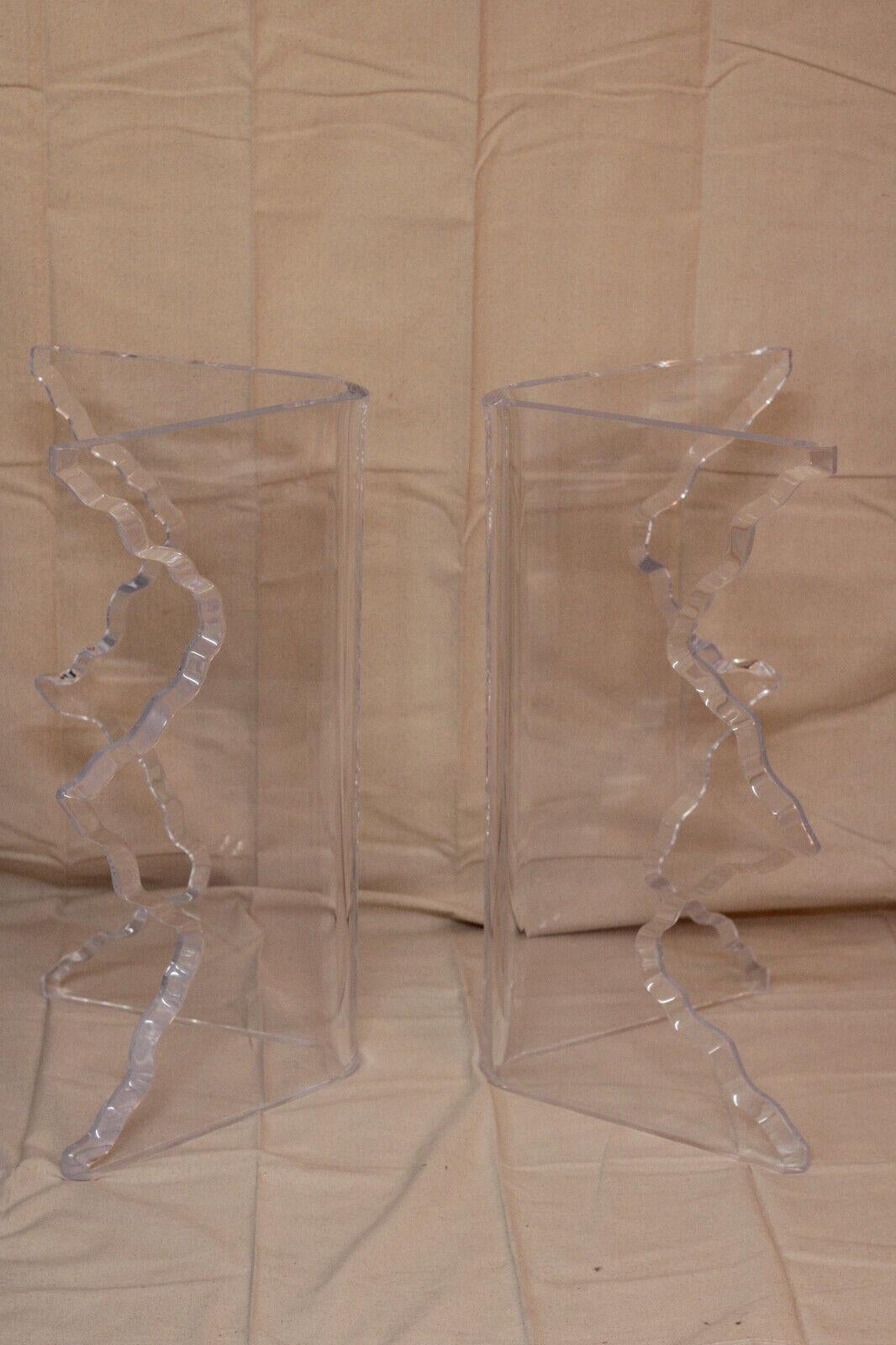 Pair of Sculptural Cracked Ice Edge Thick Molded Lucite Dining Table Bases For Sale 1