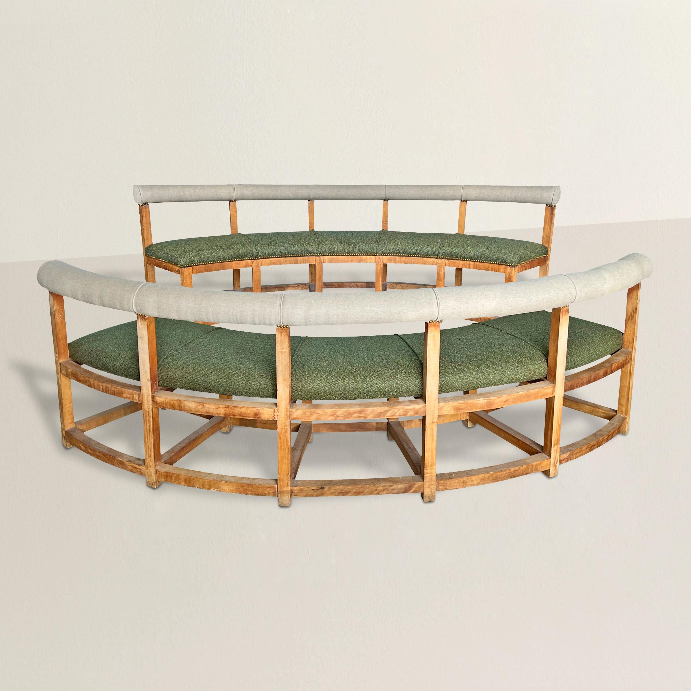These exquisite 20th century American Modernist curved benches, originating from an Arts and Crafts house in upstate New York, tell a story of both form and function. Their simple yet sculptural architectural frames are a testament to the modernist