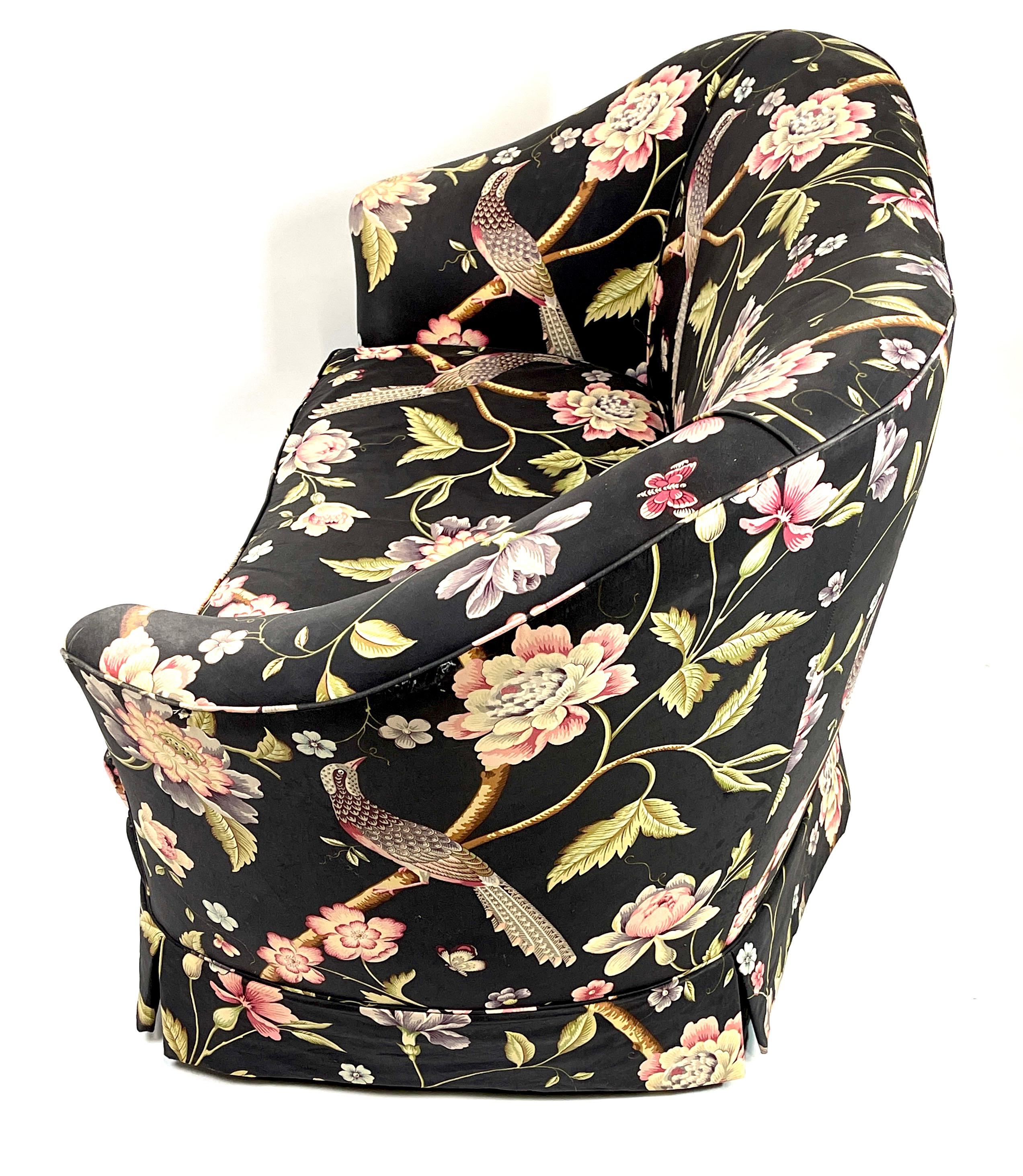 Pair of Sculptural Curved Settees Loveseats w Whimsical Floral Chintz with Birds 3