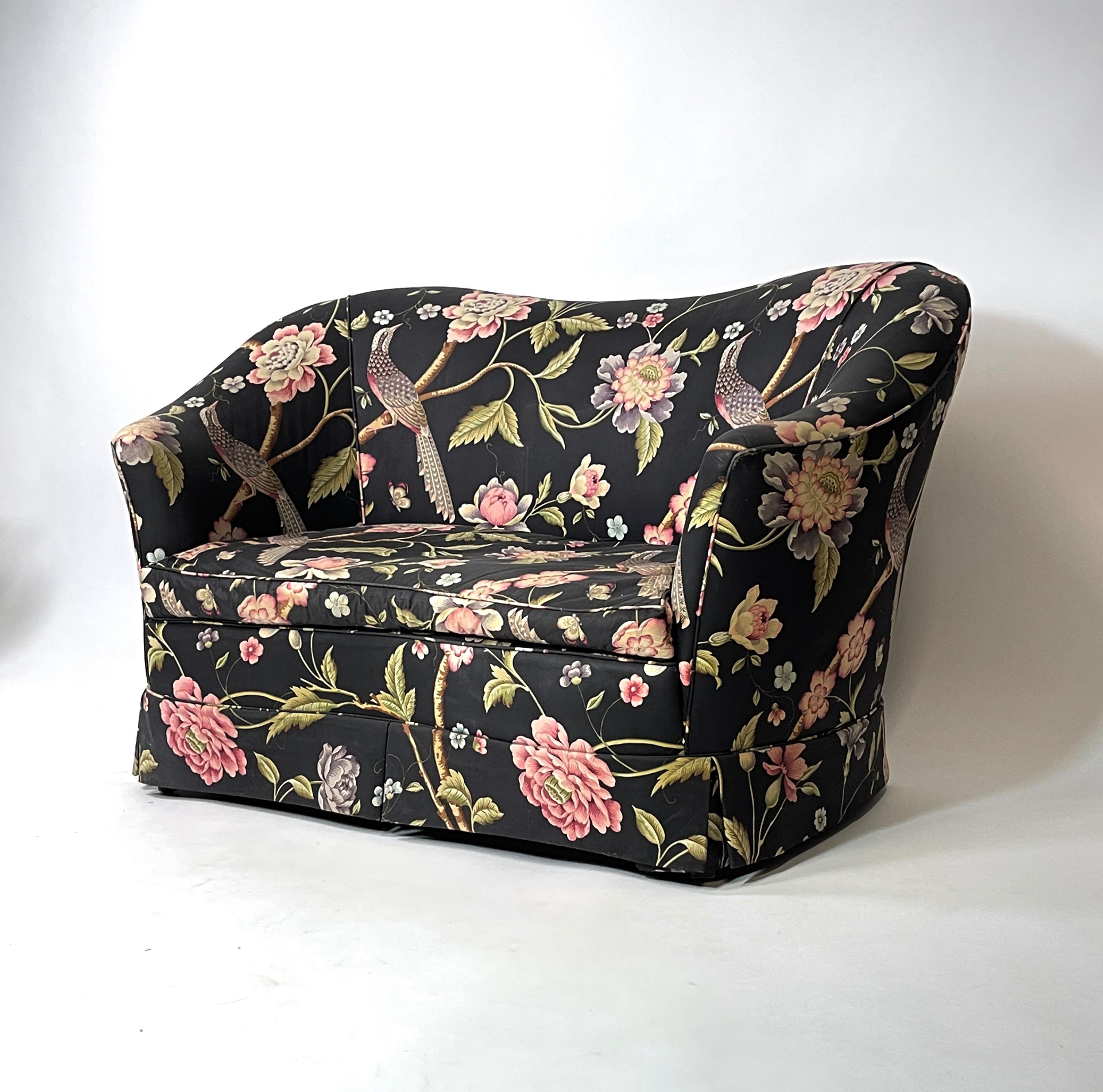 Mid-Century Modern Pair of Sculptural Curved Settees Loveseats w Whimsical Floral Chintz with Birds