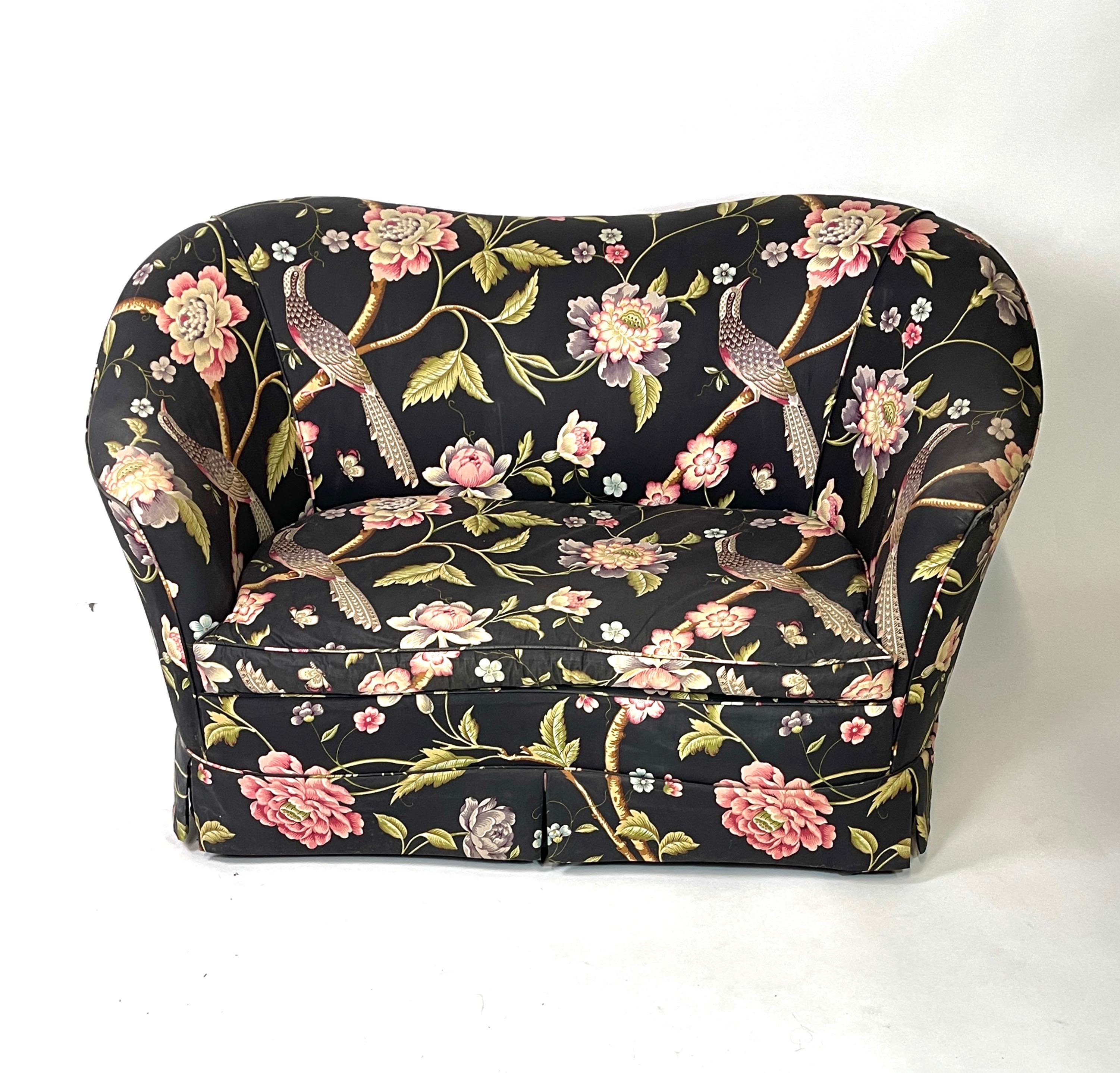 American Pair of Sculptural Curved Settees Loveseats w Whimsical Floral Chintz with Birds