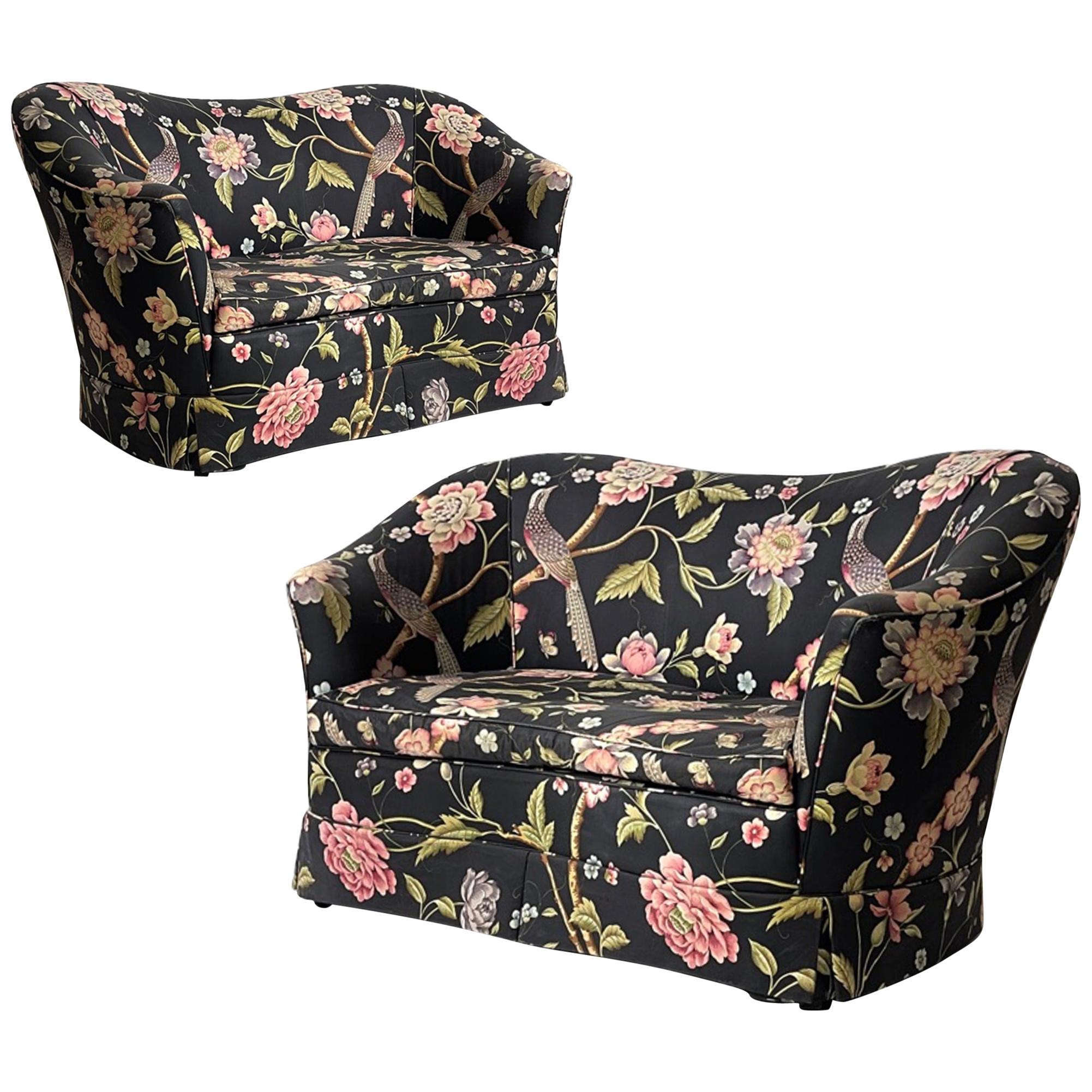 Pair of Sculptural Curved Settees Loveseats w Whimsical Floral Chintz with Birds