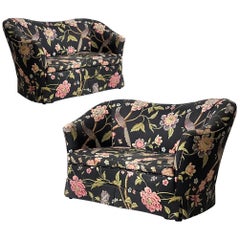 Retro Pair of Sculptural Curved Settees Loveseats w Whimsical Floral Chintz with Birds