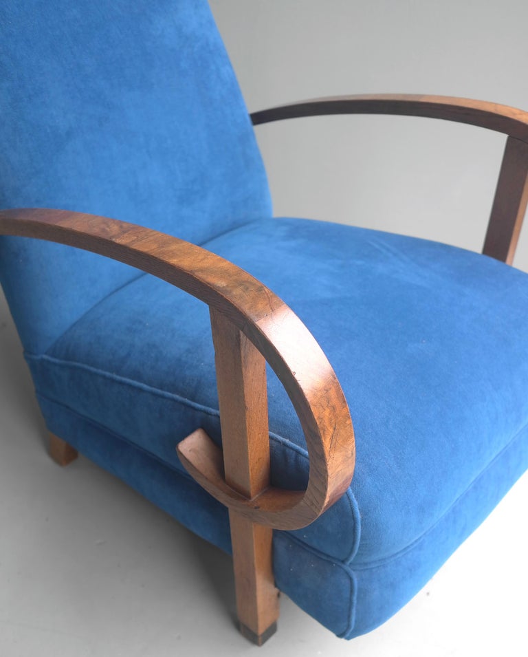 Pair of Sculptural Curved Walnut Deco Armchairs in Blue ...