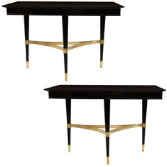 Pair of Sculptural Ebonized Consoles on Tripod Base with Bronze Stretchers