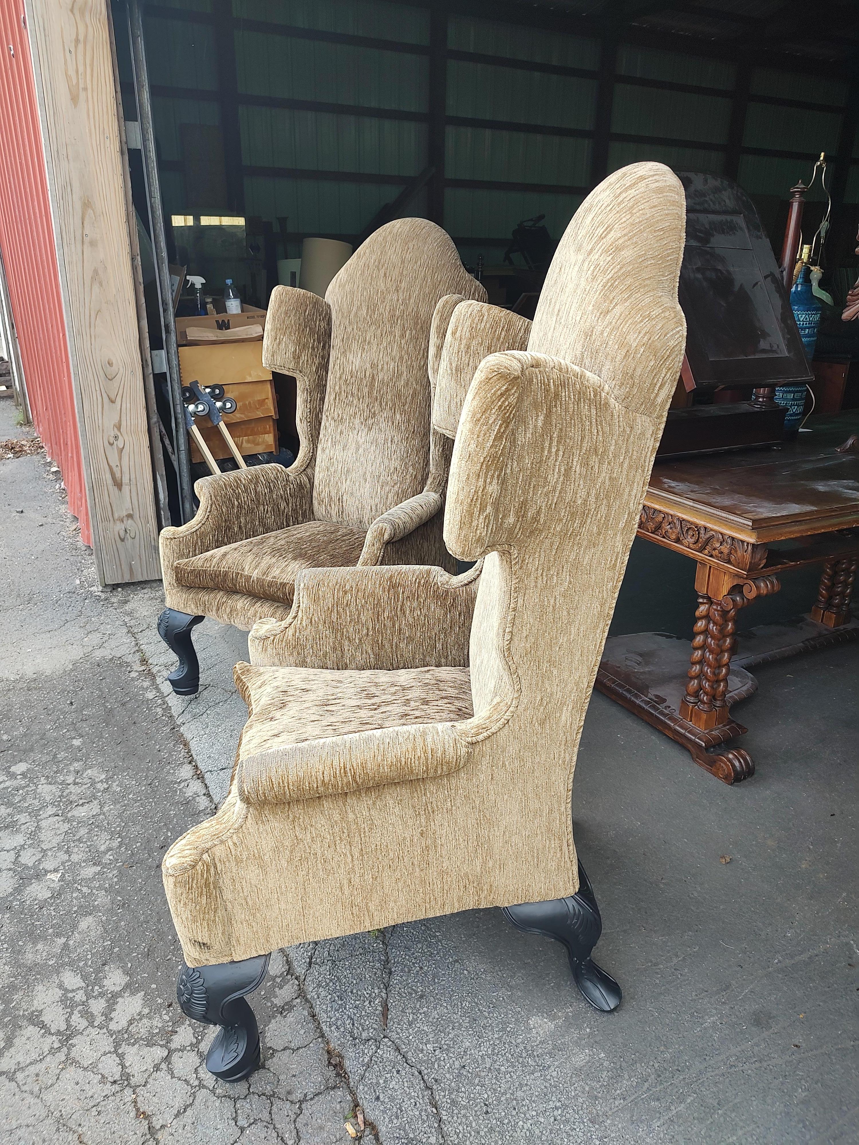 Carved Pair of Sculptural English Wing Armchairs