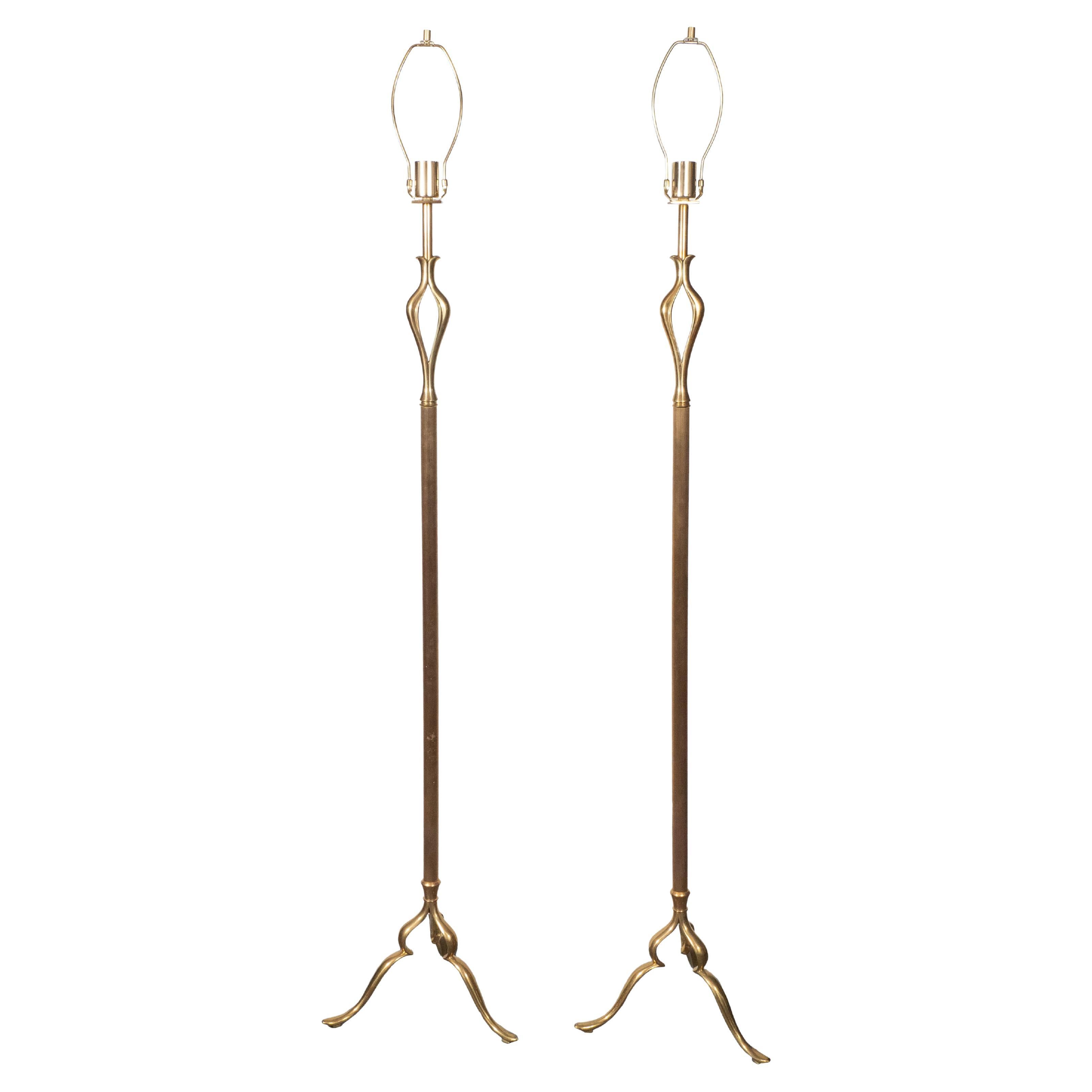 Pair of Sculptural Fluted Brass Floor Lamps For Sale
