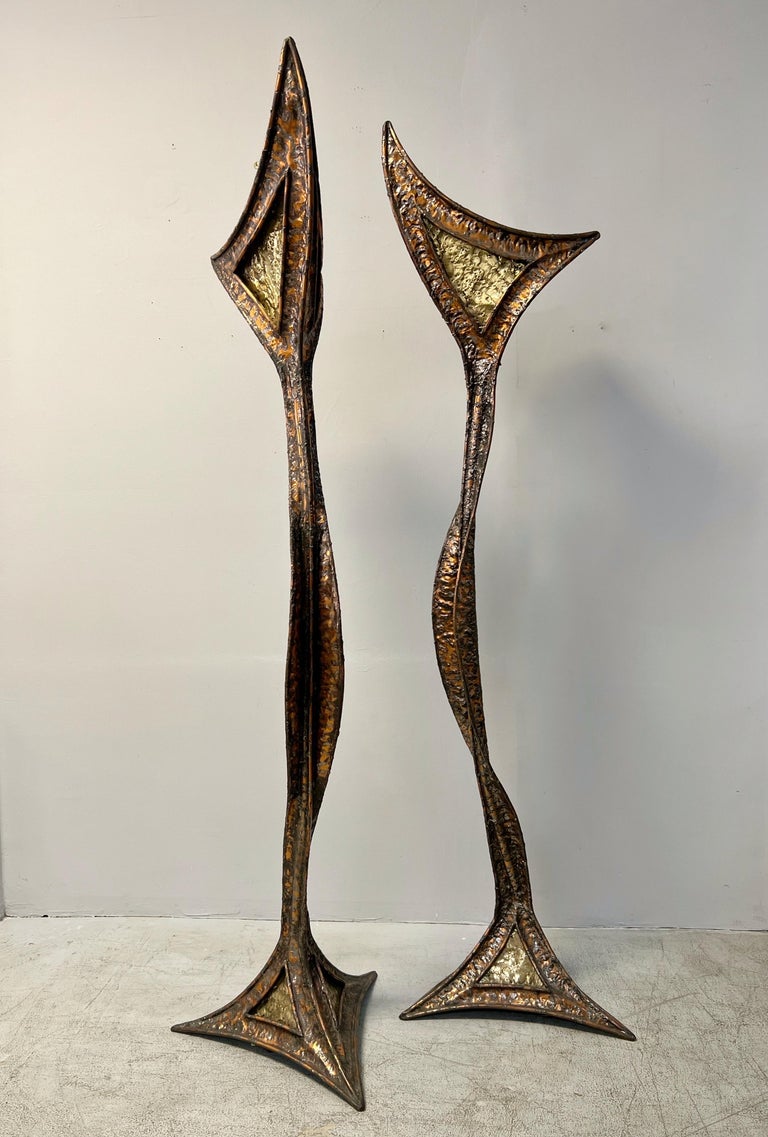 Late 20th Century Pair of Sculptural French Studio Floor Lamps Torchieres, 1970s For Sale
