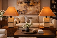 Pair of Sculptural French Travertine Table Lamps with Original Peach Shades 1970