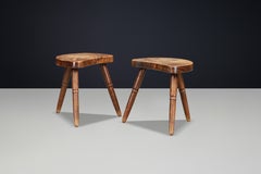 Pair of Sculptural French Walnut Stools, Rustic Brutalist, France, 1940s