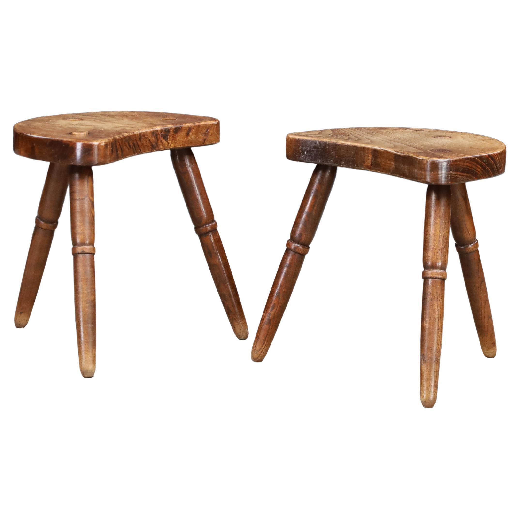 Pair of Sculptural French Walnut Stools, Rustic Brutalist, France, 1940s