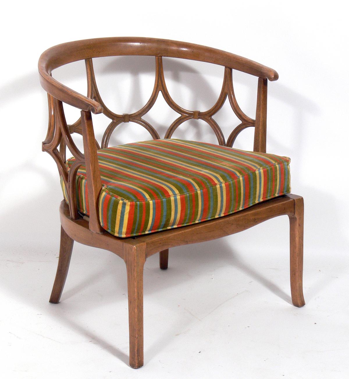 Pair of Sculptural fret back chairs, design attributed to John Lubberts and Lambert Muller, and made by Tomlinson, American, circa 1960s. These chairs are currently being refinished and reupholstered and can be completed in your choice of finish